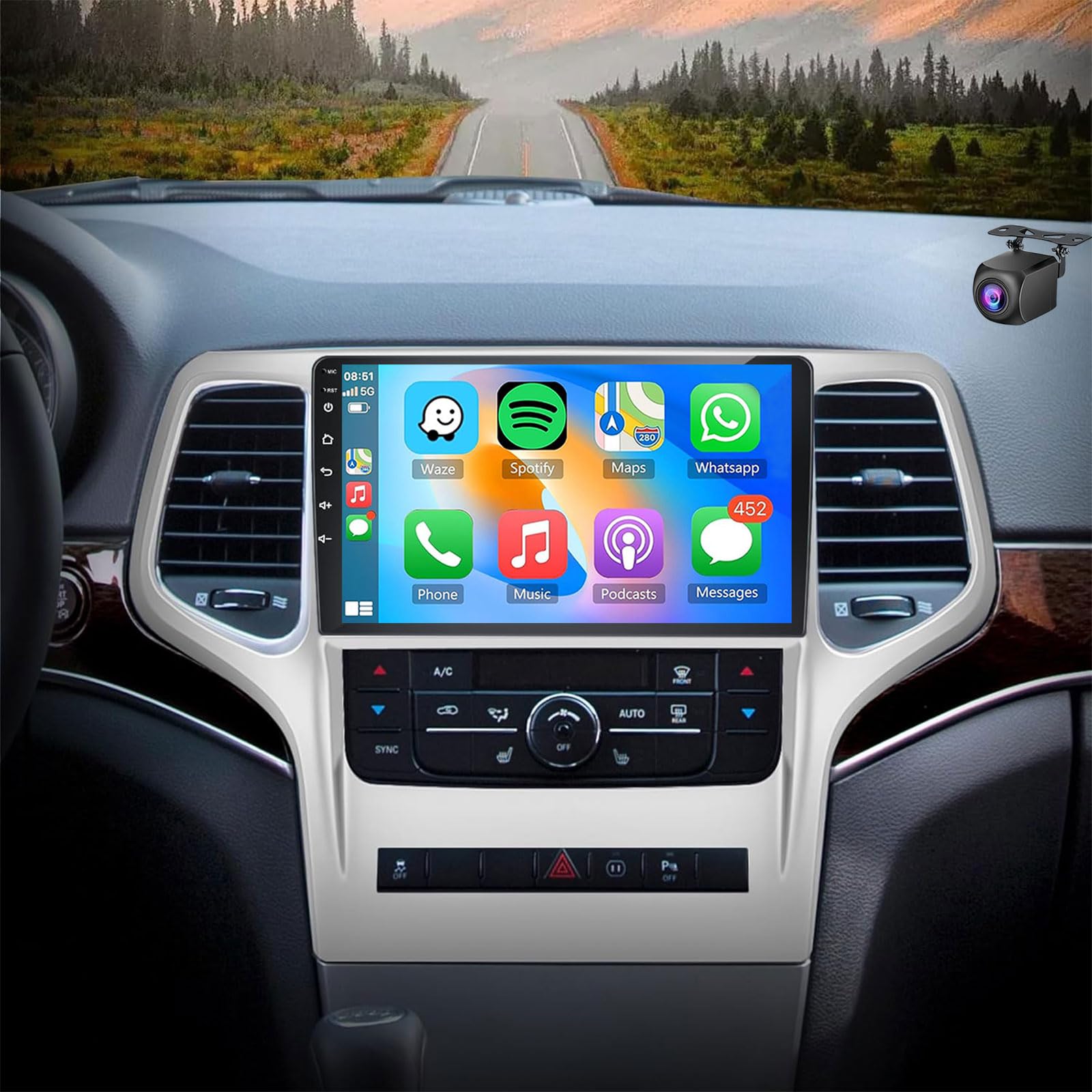 Android 15 Car Radio For J-eep Grand Cherokee 2008-2013 9 Inch IPS Touchscreen Stereo With Wireless Carplay/Android Auto/WiFi/GPS Navigation/Mirror Link/EQ/SWC/FM RDS/DSP Backup Came(Size:4Core 2+32G)