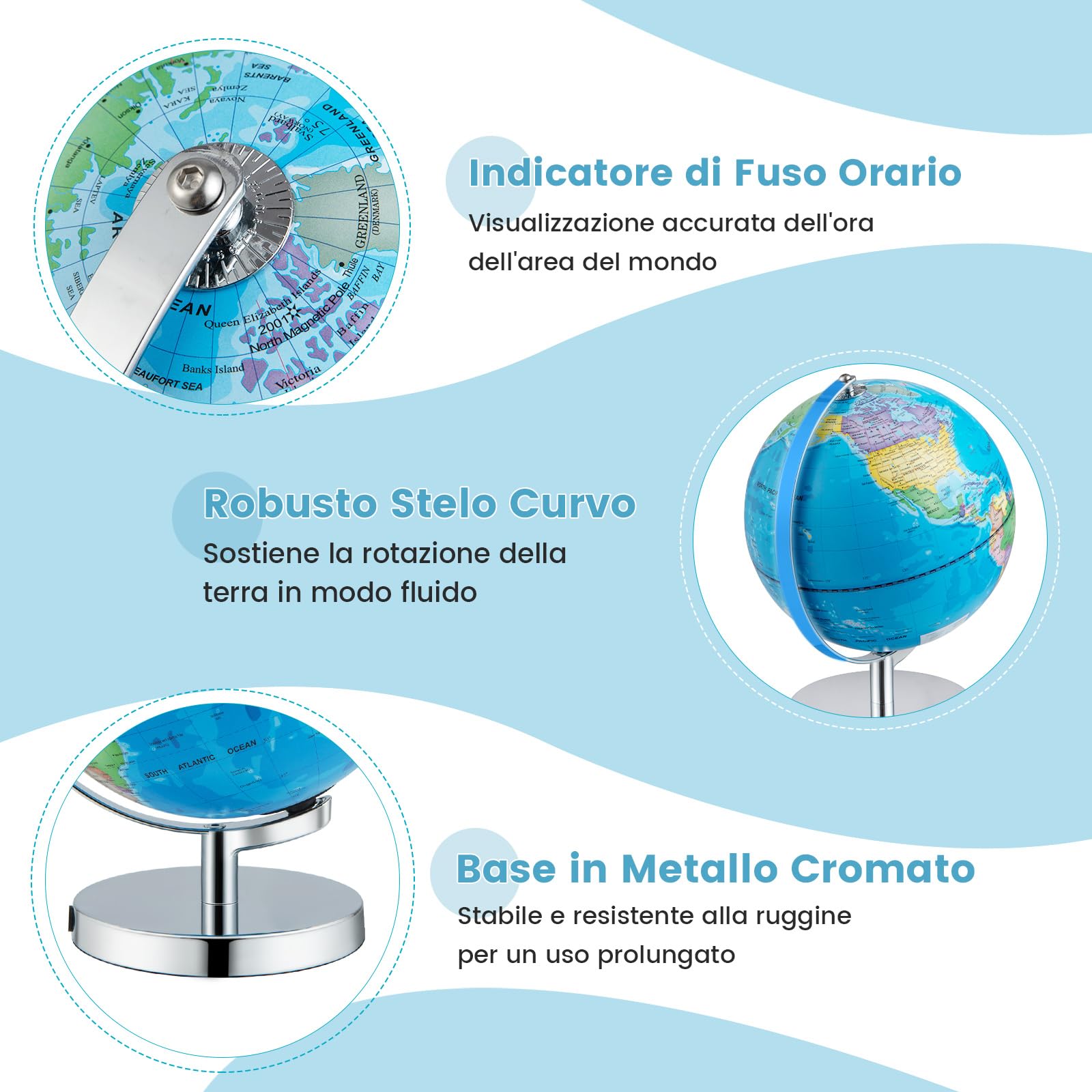COSTWAY 23 cm Mappamondo 3 in 1, con Base e Luci (Inglese)
