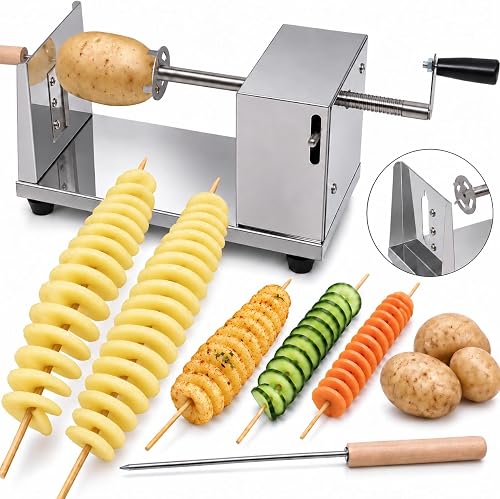 Twisted Potato slicer, Cortador de Papas en Espiral Tornado Curly Fry Cutter with Stainless Steel skewers, Manual Spiral French Fries Cucumbers Carrots DIY BBQ Slicer with Reusable Stick