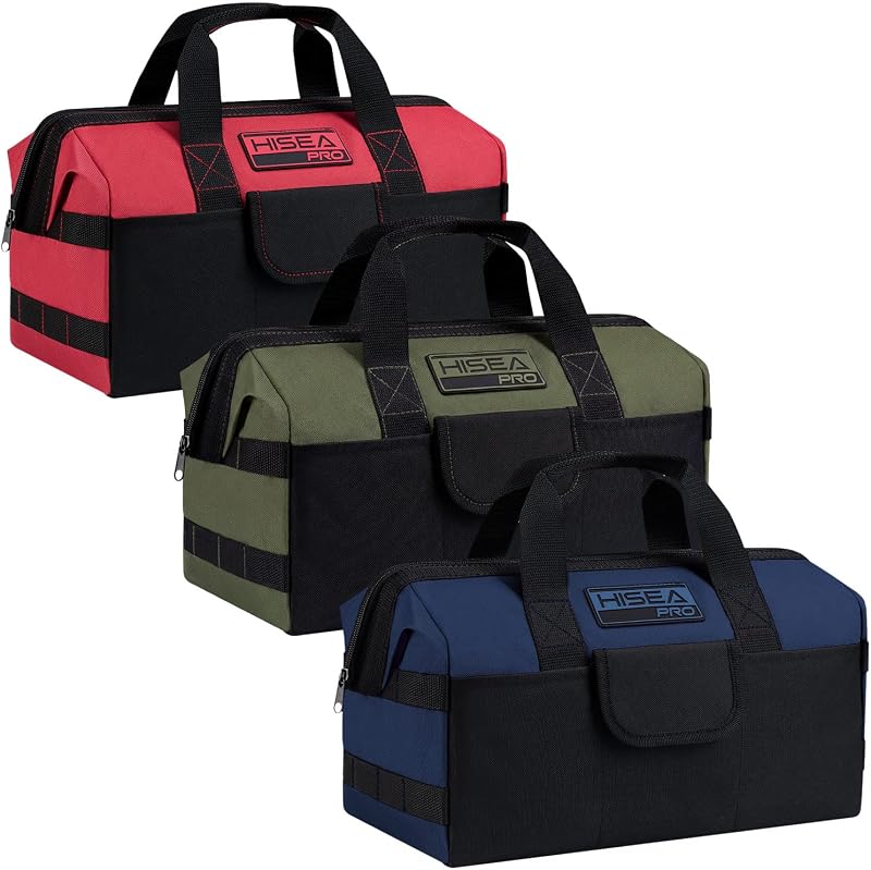 HISEA 3 Pack Heavy Duty Tool Bag, 16-Inch Waterproof Tools Organizer Tote | with Storage Pockets, Wide Mouth, Durable Oxford Fabric, for Electrician Tradesman Carpenter Mechanic (Navy, Red, Geen)