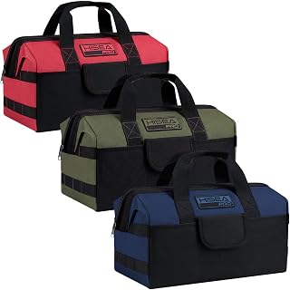 HISEA 3 Pack Heavy Duty Tool Bag, 16-Inch Waterproof Tools Organizer Tote | with Storage Pockets, Wide Mouth, Durable Oxford Fabric, for Electrician Tradesman Carpenter Mechanic (Navy, Red, Geen)