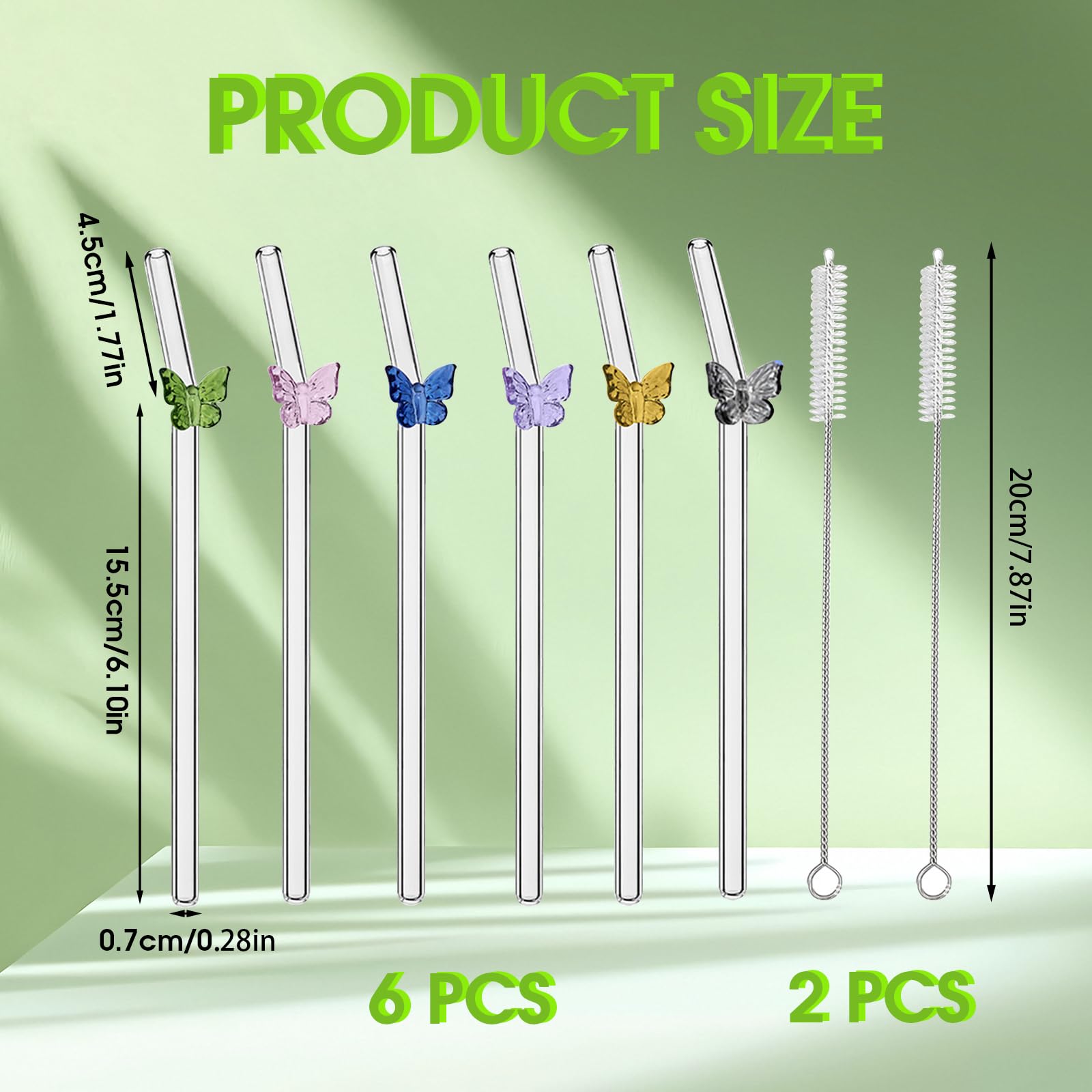 6 Pailles En Verre Réutilisables Avec Papillons Colorés - Pailles Bubble Tea 8mm + 2 Brosses De Nettoyage