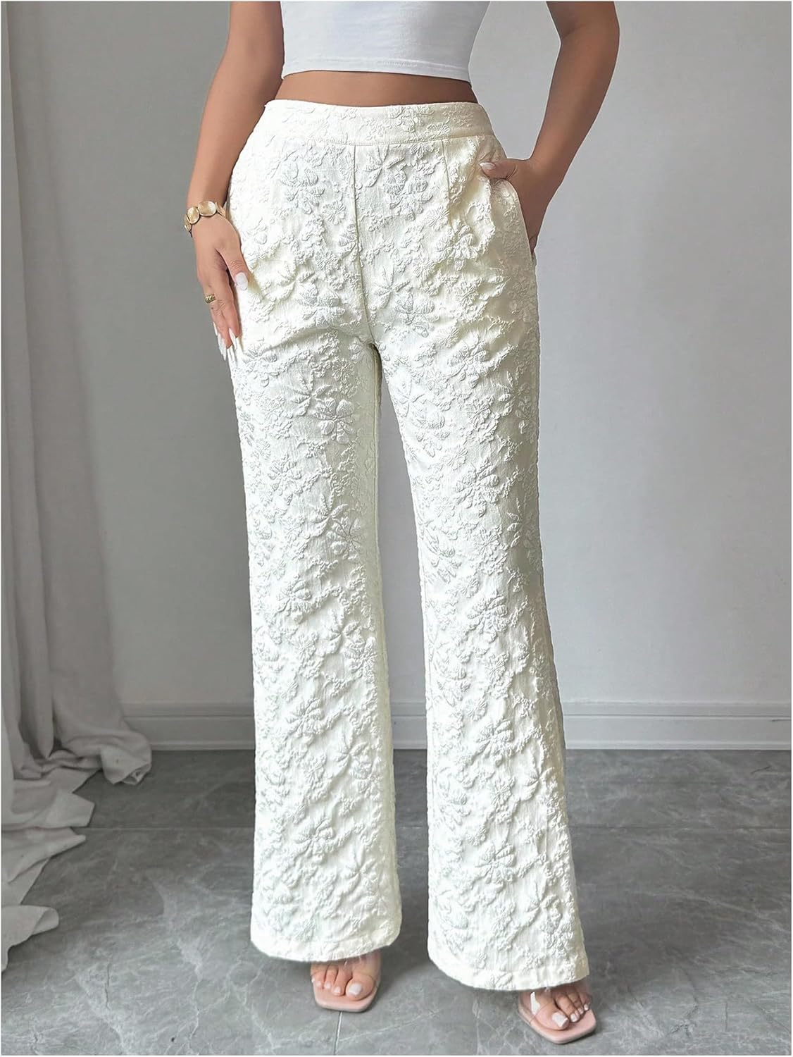 MakeMeChic Women's Floral High Waist Flare Leg Dress Pants Jacquard Work Office Trousers - Image 4