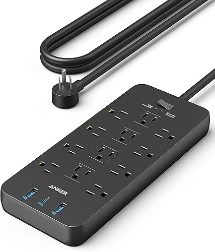 Anker Regleta de alimentación con 3 puertos USB, protector de sobretensiones (2100J-10 pies), 12 salidas con 2 puertos USB A y 1 puerto USB C,