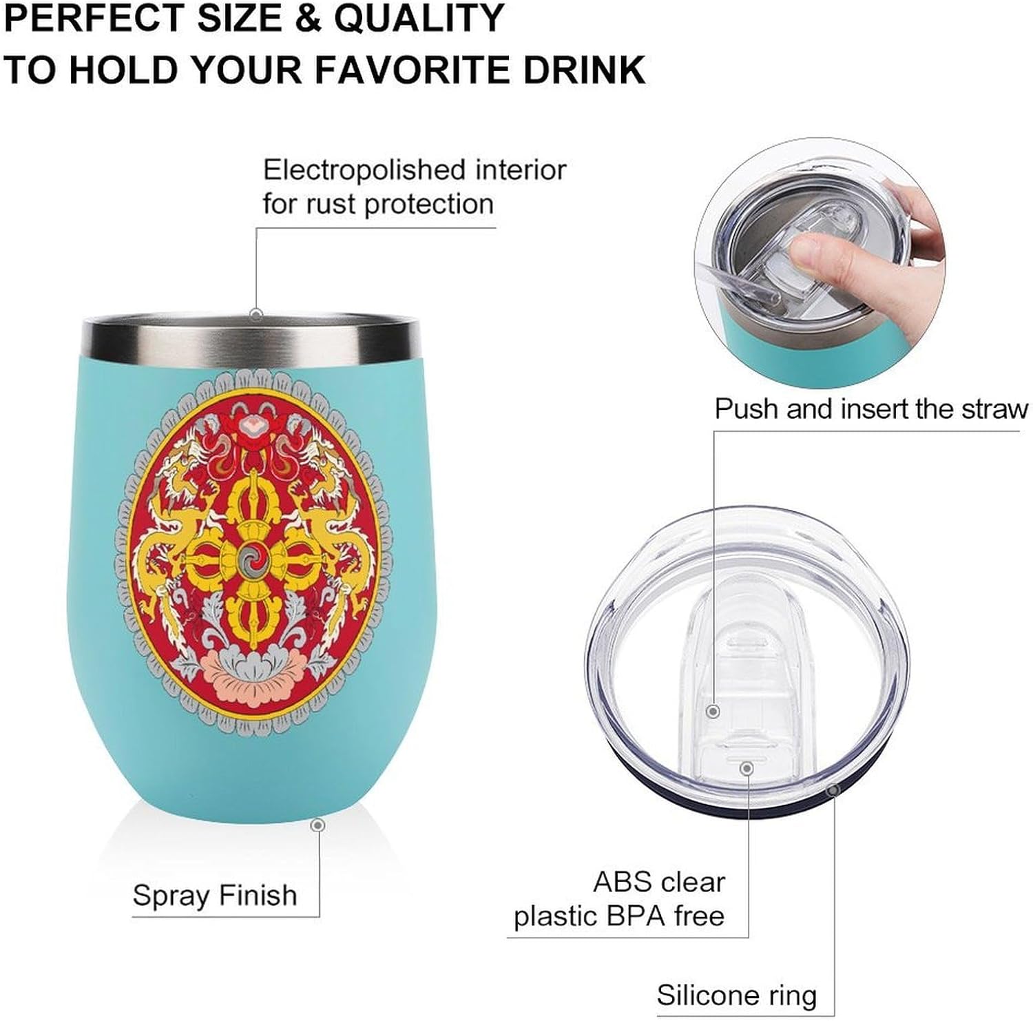 Emblem of Bhutan Insulated Drinking Cup Stainless Steel Coffee Mug Wine Tumbler with Lid 12OZ