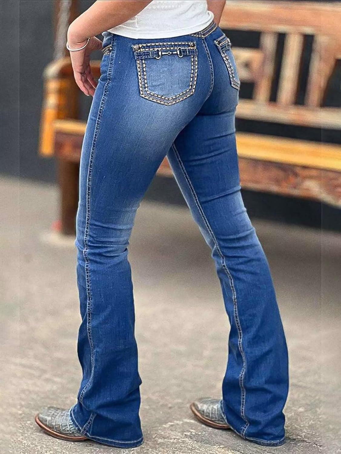 Flamingals Boot Cut Jeans for Women Trendy Stretch Jeans Butt Lifting Tummy Control Denim Pants Sea Blue 2XL