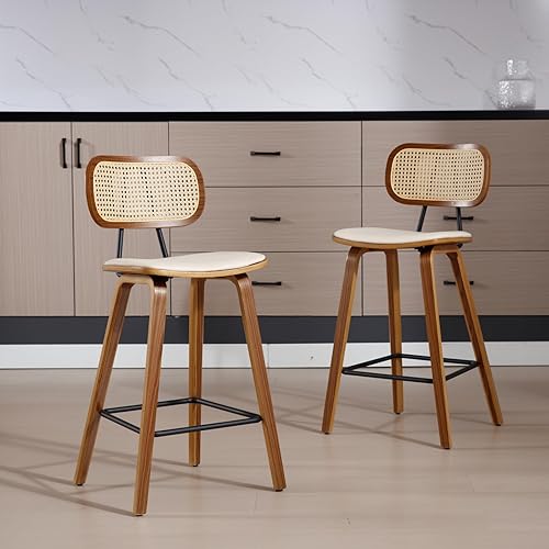 HEAH-YO Juego de 2 taburetes de ratán de 26 pulgadas de altura de mostrador con respaldo de ratán y patas de metal, taburetes de cocina de lana de