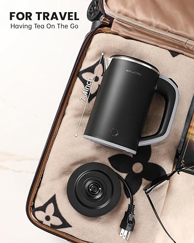 Miniatura 6 de Hervidor Eléctrico Pequeño, 0.8L Hervidor de Viaje Portátil de Doble Pared con Acero Inoxidable 304, Mini Hervidor de Agua Caliente de 600W con