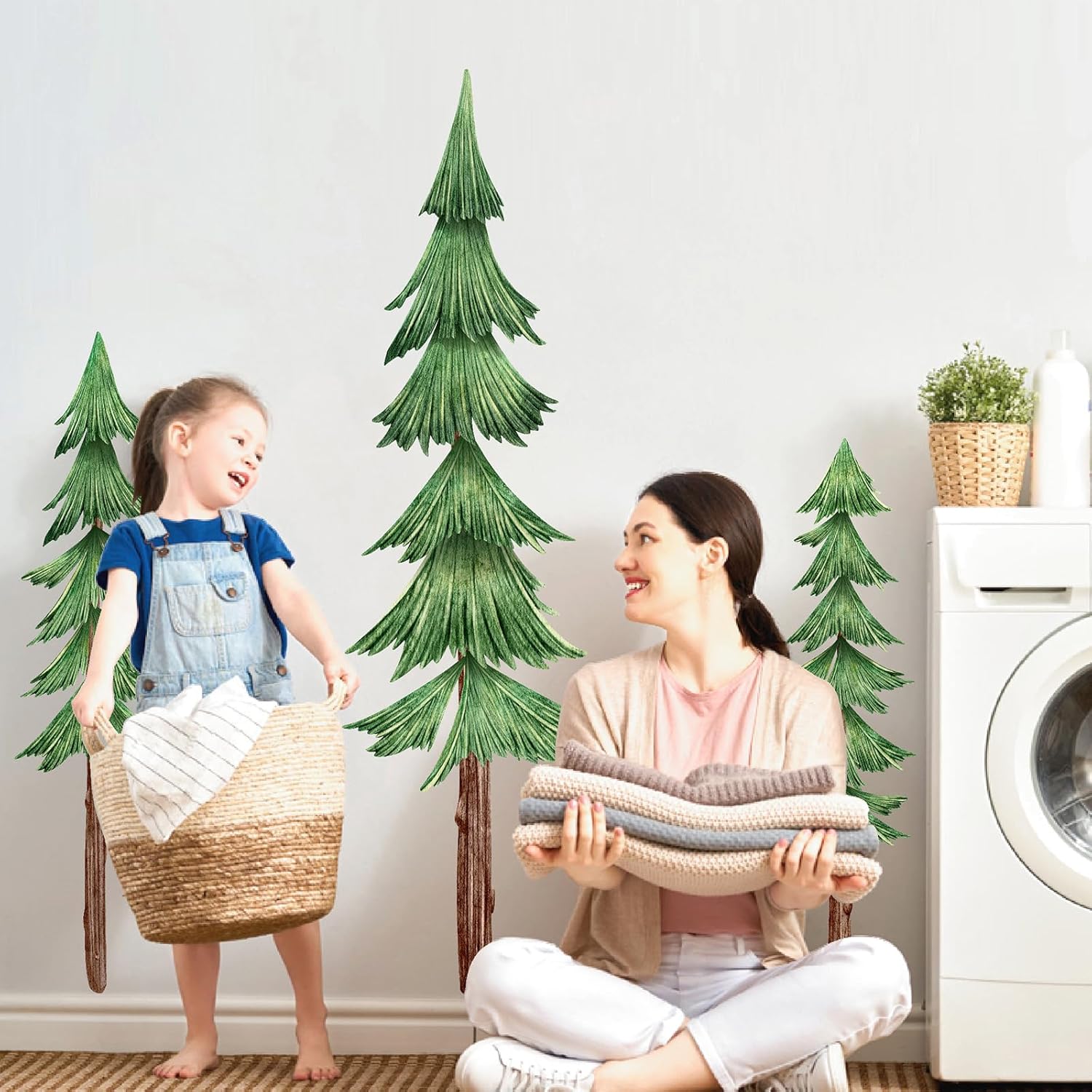 Large Pine Tree Wall Decals Peel and Stick Watercolor Extra Large Tree Wall Decal Forest Nature Green Trees Stickers Woodland Giant Pine Trees Decals for Nursery Kids Room Decor