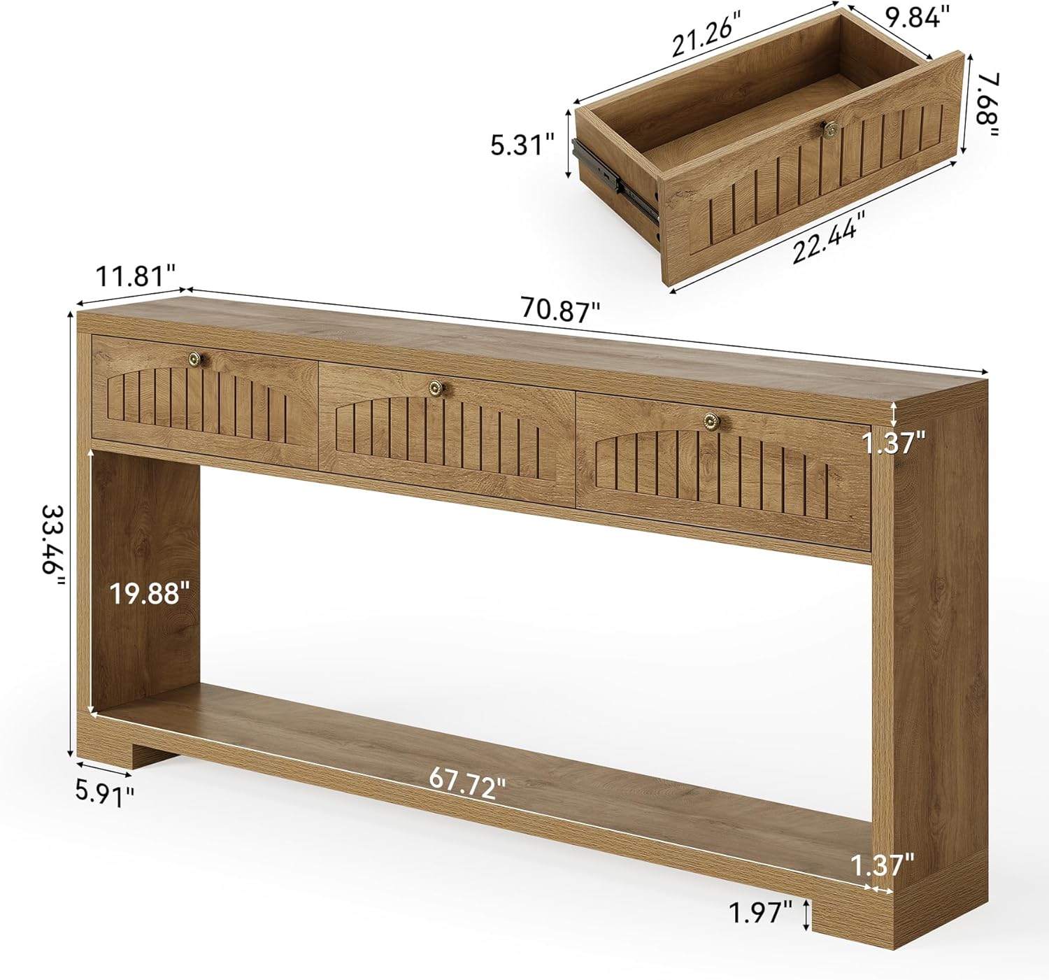 LITTLE TREE 70-Inch Console Table with 3 Drawers, Farmhouse Narrow Long Entryway Table for Behind Couch, Hallway, Sofa, Entry, Entrance, Living Room, Foyer with 2-Tier Open Shelves, Light Brown