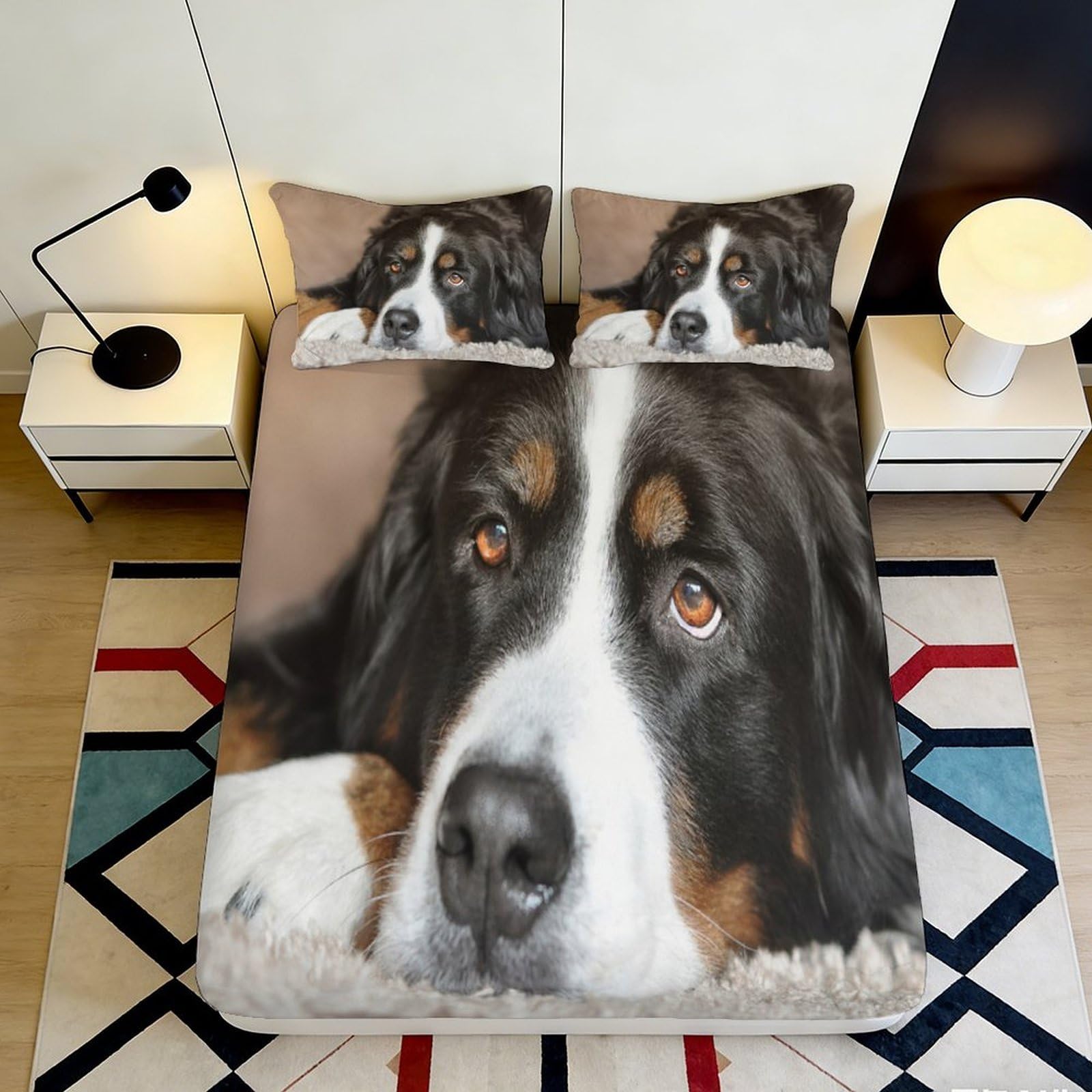 3D Printed Bernese Mountain Dog Fitted Sheet Microfiber Soft Breathable Dog Portrait Bed Cover for Bedroom Dorm Decor 90x200x25cm