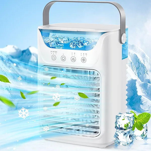 Portable Air Conditioners for car, 4-IN-1 with 700ML Wide-Mouth Tank, 3 Speeds & 2 Mist Modes, 7-Color RGB Mood Light, Touch Control, 2-6H Timer, PU Handle, for Home, Office, Camping, Car,Yo