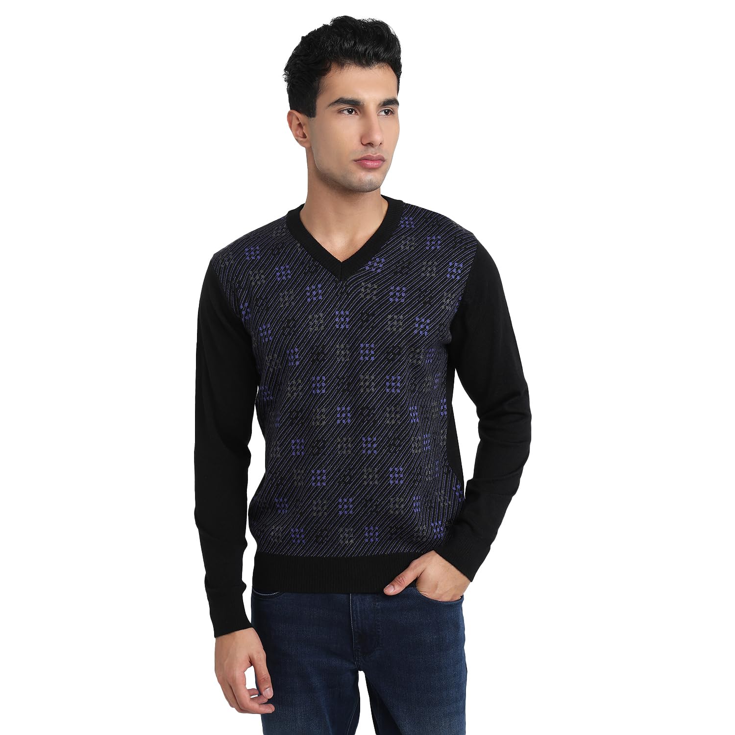 Men Regular Fit Wrapper Pattern Merino Wool Acrylic Blend Full Sleeve V Neck Casual Sweater Black-image-35