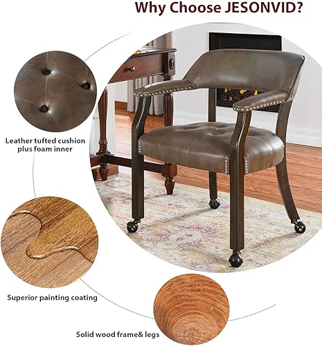 Miniatura 6 de Silla de comedor con ruedas, silla de cuero con ruedas y cabeza de clavo, sillas de comedor con rodillos, sillas de respaldo curvado con ruedas,