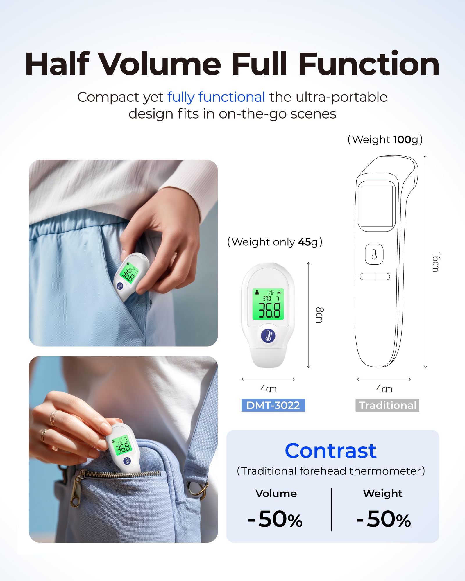 Thermomètre Frontal Bébé, Sans Contact, Ultra-Léger, Mesure Instantanée | Facile Utilisation, Écran Tricolore, Alerte Fièvre, Multifonction 3 en 1