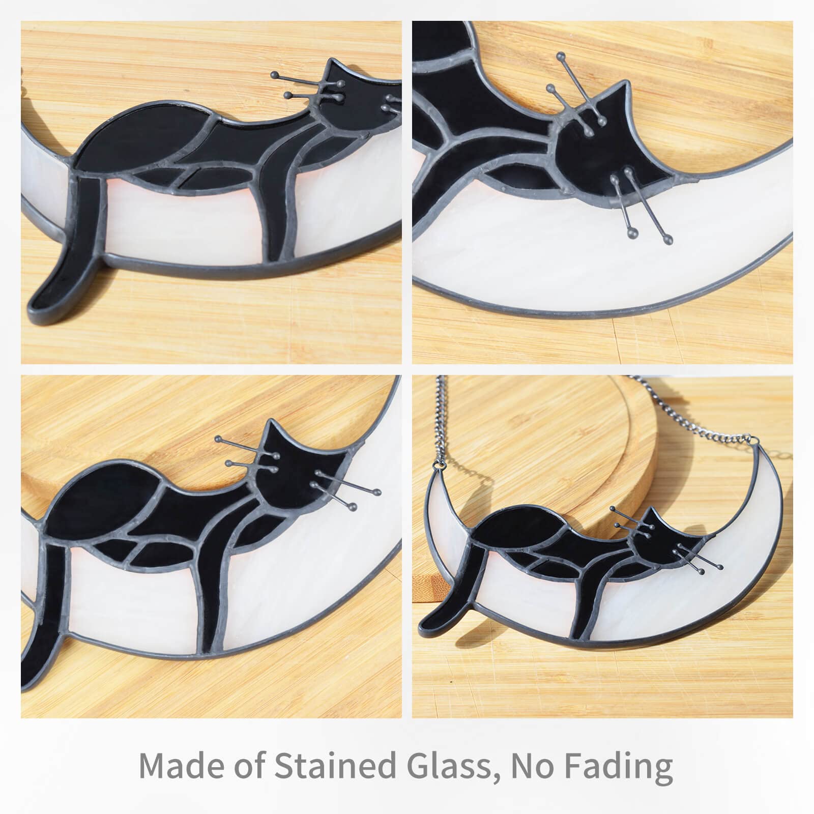 Mojoursa Cat on Moon Memorial Gifts - Handcrafted Sleeping Black Cat Stained Glass Window Hanging Suncatcher Ornament for Pet Lovers, Loss of Pet Sympathy Remembrance Gift for Women