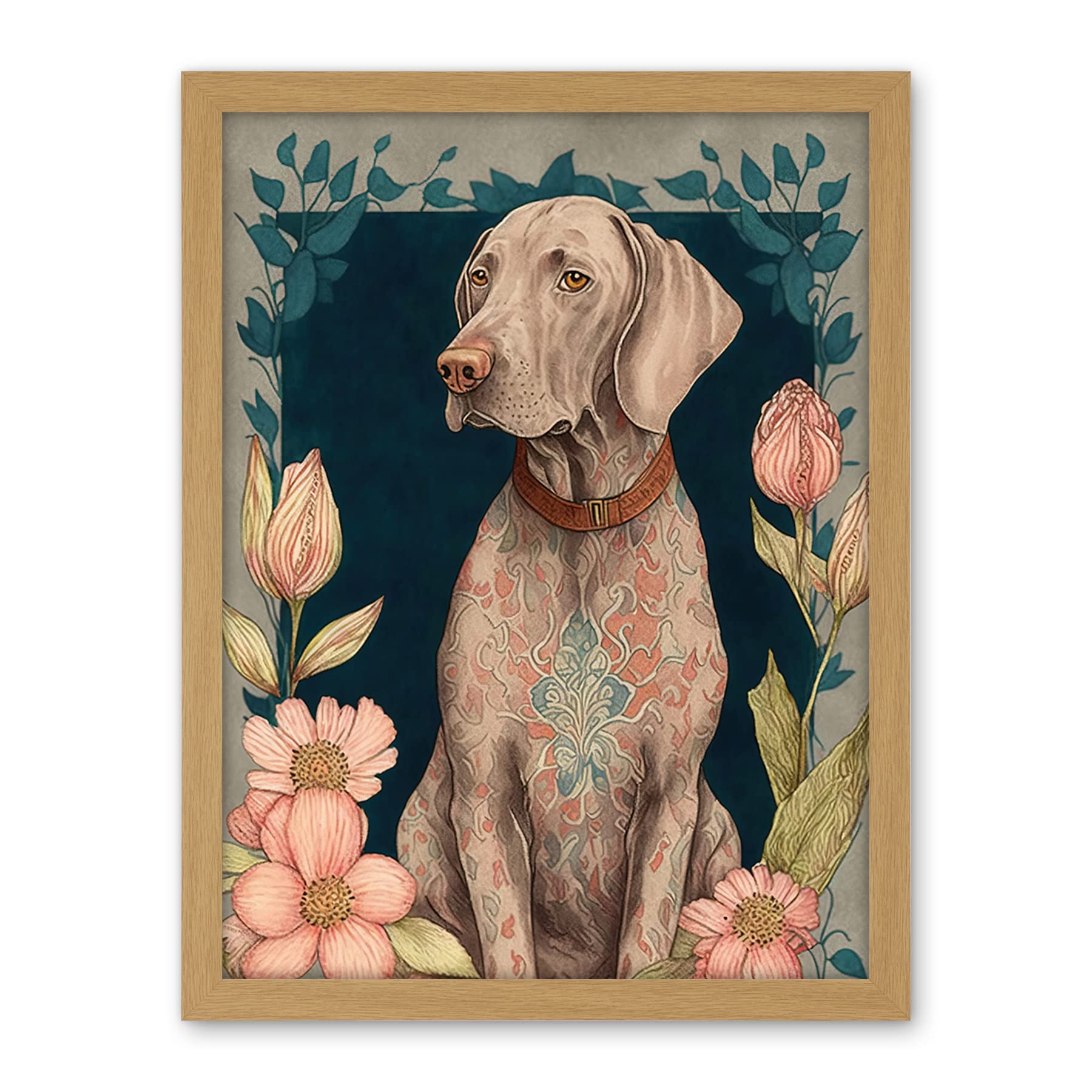 Artery8 Grey Weimaraner Dog with Ornate Pattern Fur Coat and Flowers Modern Art Nouveau Illustration Artwork Framed Wall Art Print 18X24 Inch