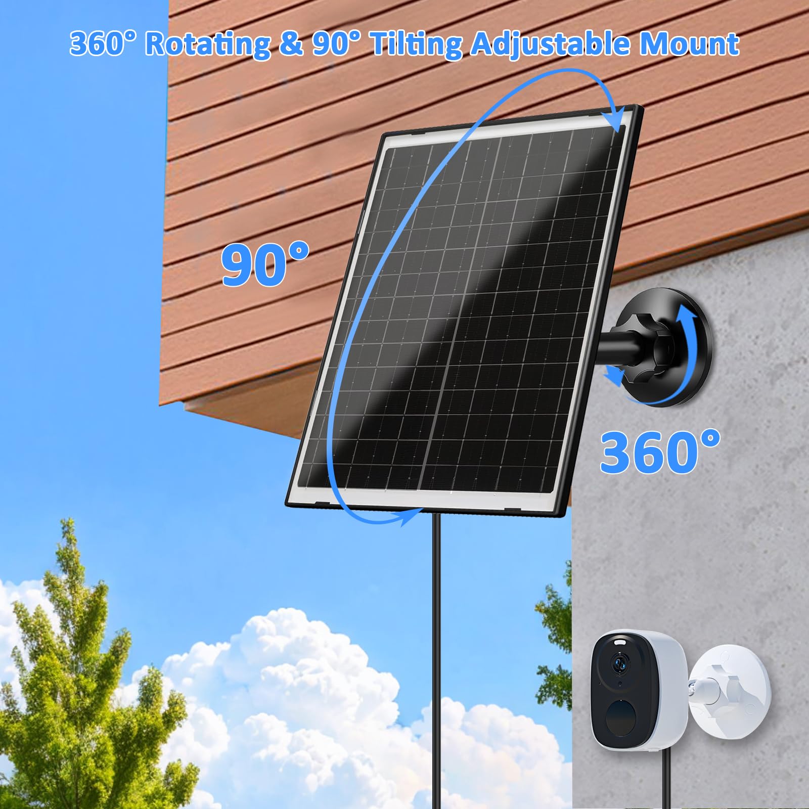 Zivif Panneau solaire pour caméra de sécurité, chargeur solaire 10 W compatible avec appareil photo alimenté par batterie, USB-C, micro USB et port DC 5,5 x 2,1 mm, support réglable à 360°, câble de