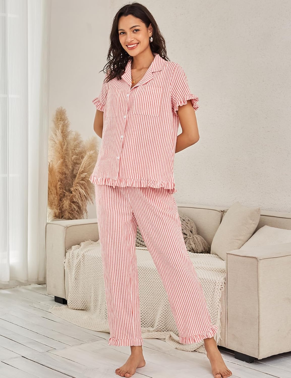 Flygo Womens Striped Pajama Sets Cotton Button Down Sleepwear Short Sleeve Top Long Ruffle Pants 2 Piece Pjs Loungewear Sets - Image 2