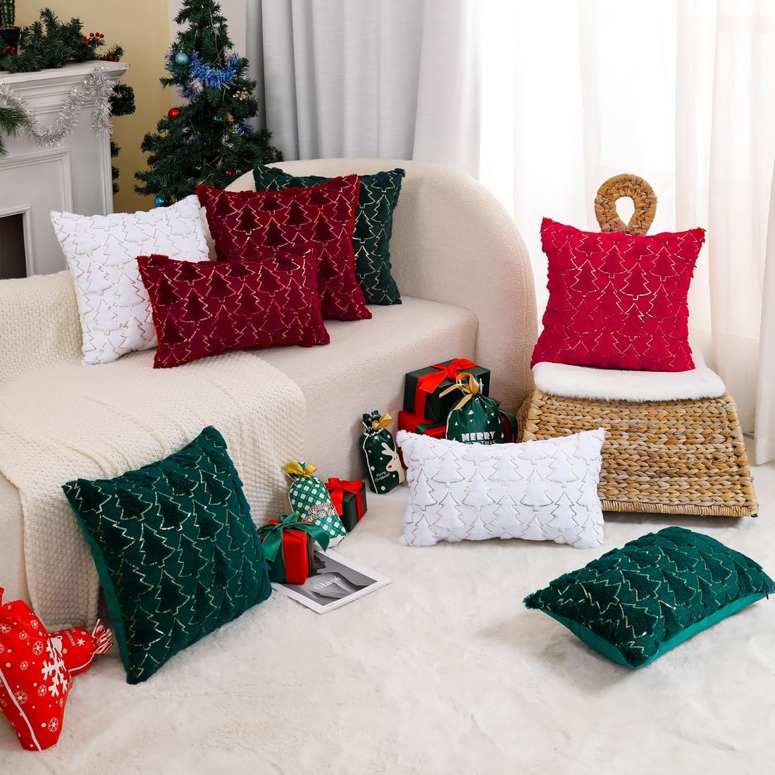 VAKADO Christmas Throw Pillow Covers 26x26 Set of 2 Embroidered Decorative Xmas Cushion Cases Holiday Soft Home Decor for Bedroom Sofa Chair Porch Winter, Green