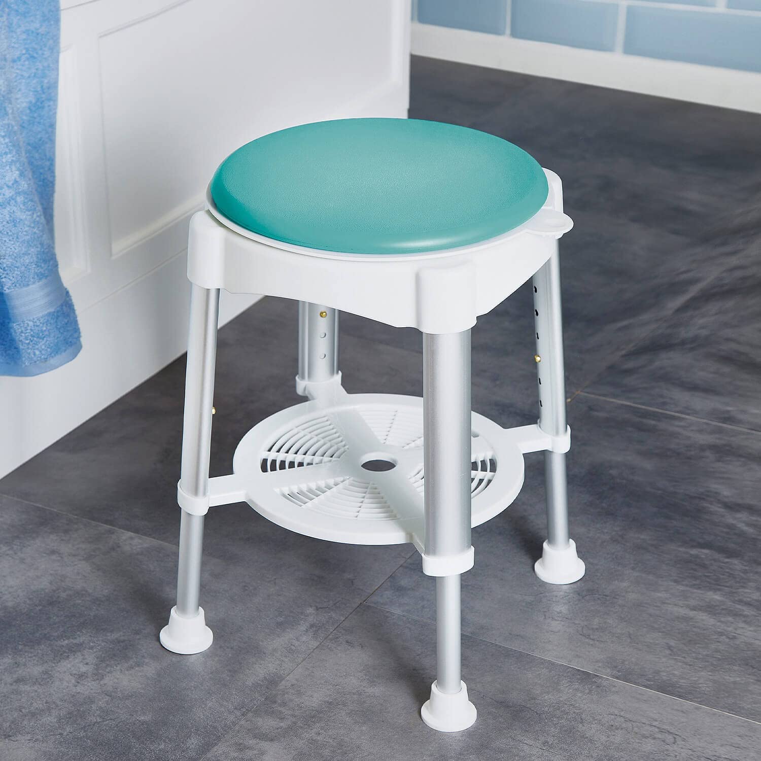 Coopers Of Stortford White/Green Rotating Bath Seat | 360° Padded, Waterproof Bathroom Seat With Non-Slip Feet, Height Adjustable Legs & Handy Shelf | H42-60Cm