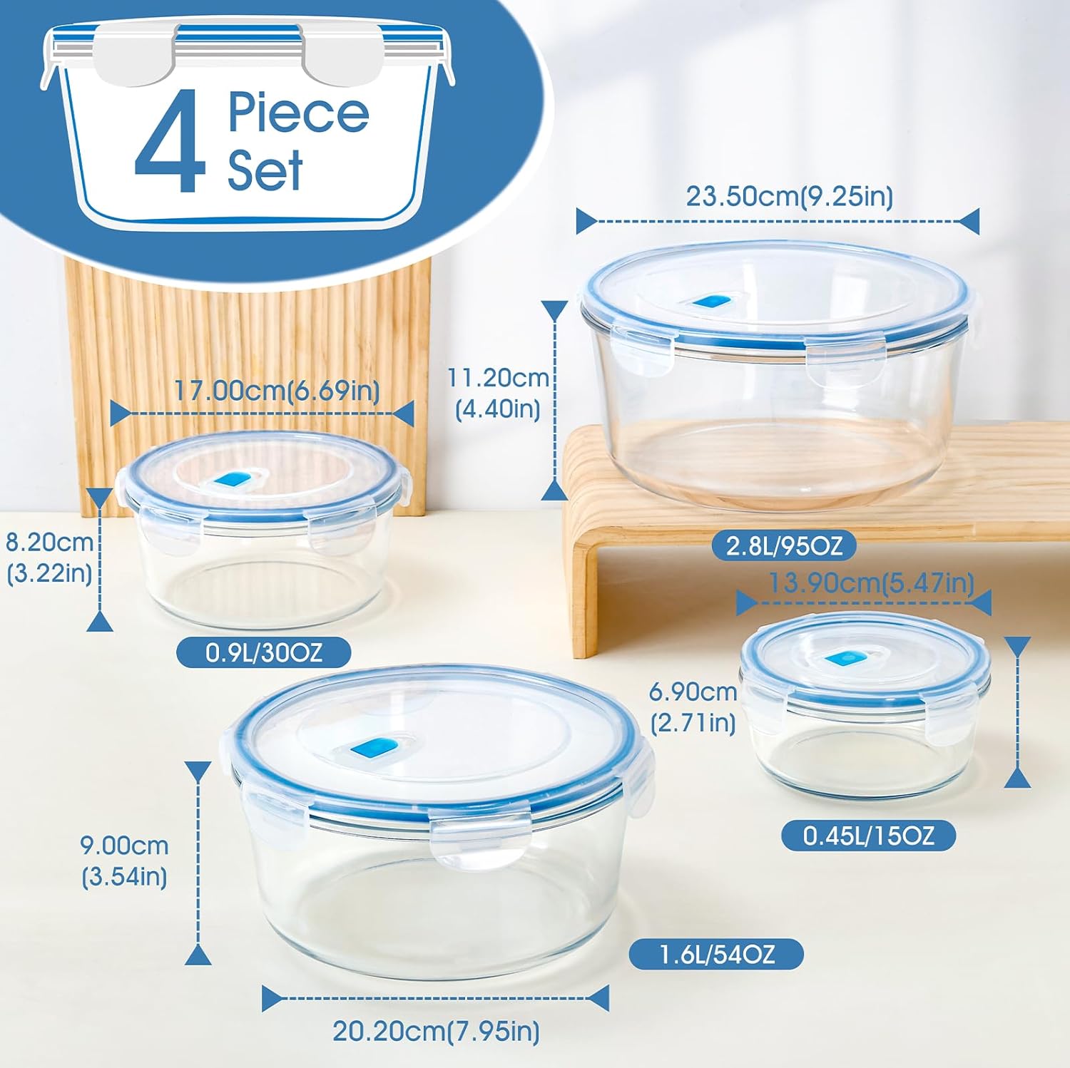 NUTRIUPS 95/54/30/15oz Round Large Glass Food Storage Containers with Airtight Lids, Meal Prep Containers, Ideal for Baking and Storing Casseroles, Lasagnas, Vegetables, Fruits,4-Piece Set