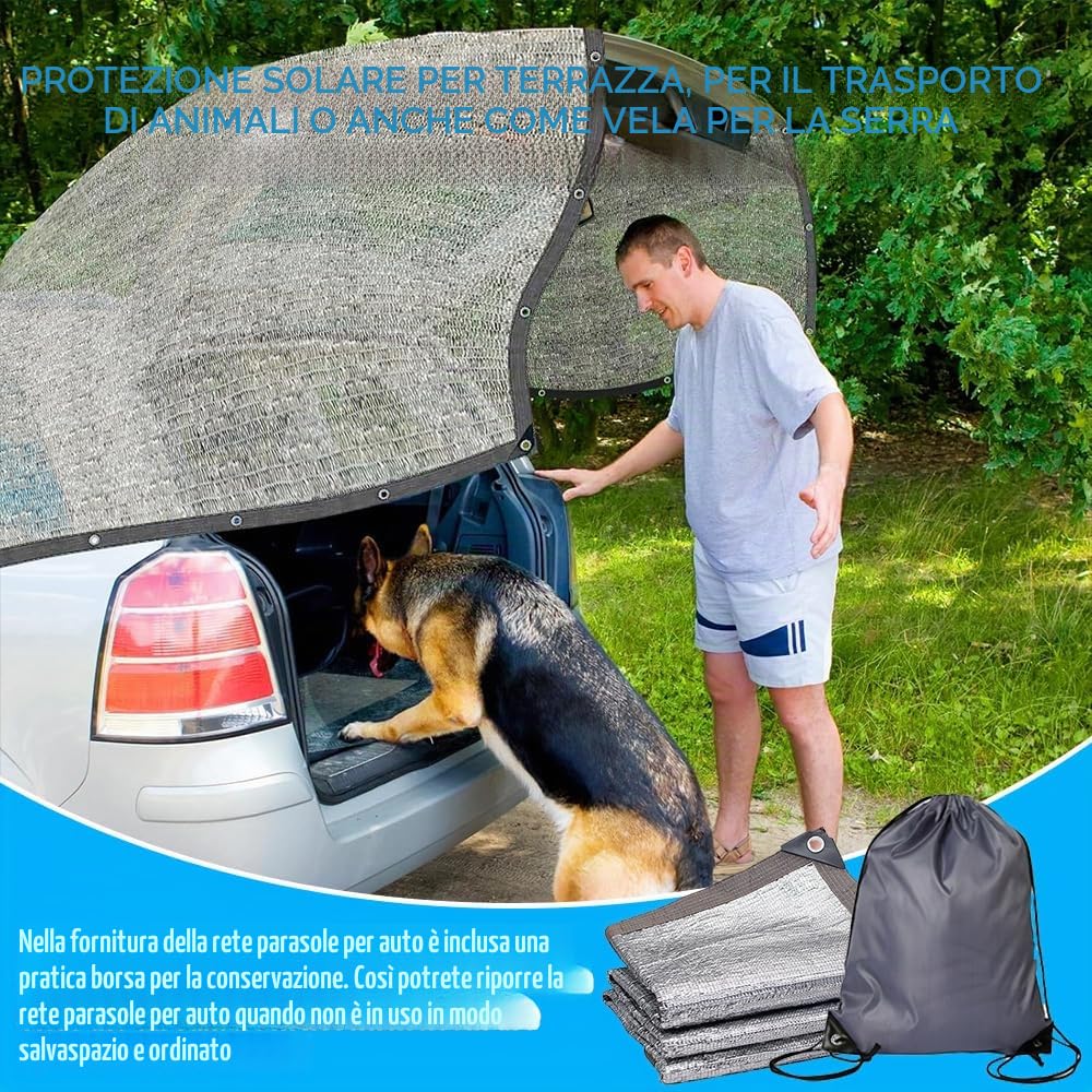 Rete ombreggiante per auto, 3 x 4 m, protezione solare per auto, telo riflettente ombreggiante in alluminio, 80% protezione dai raggi UV, protezione dal calore per serra all'aperto, cani, animali