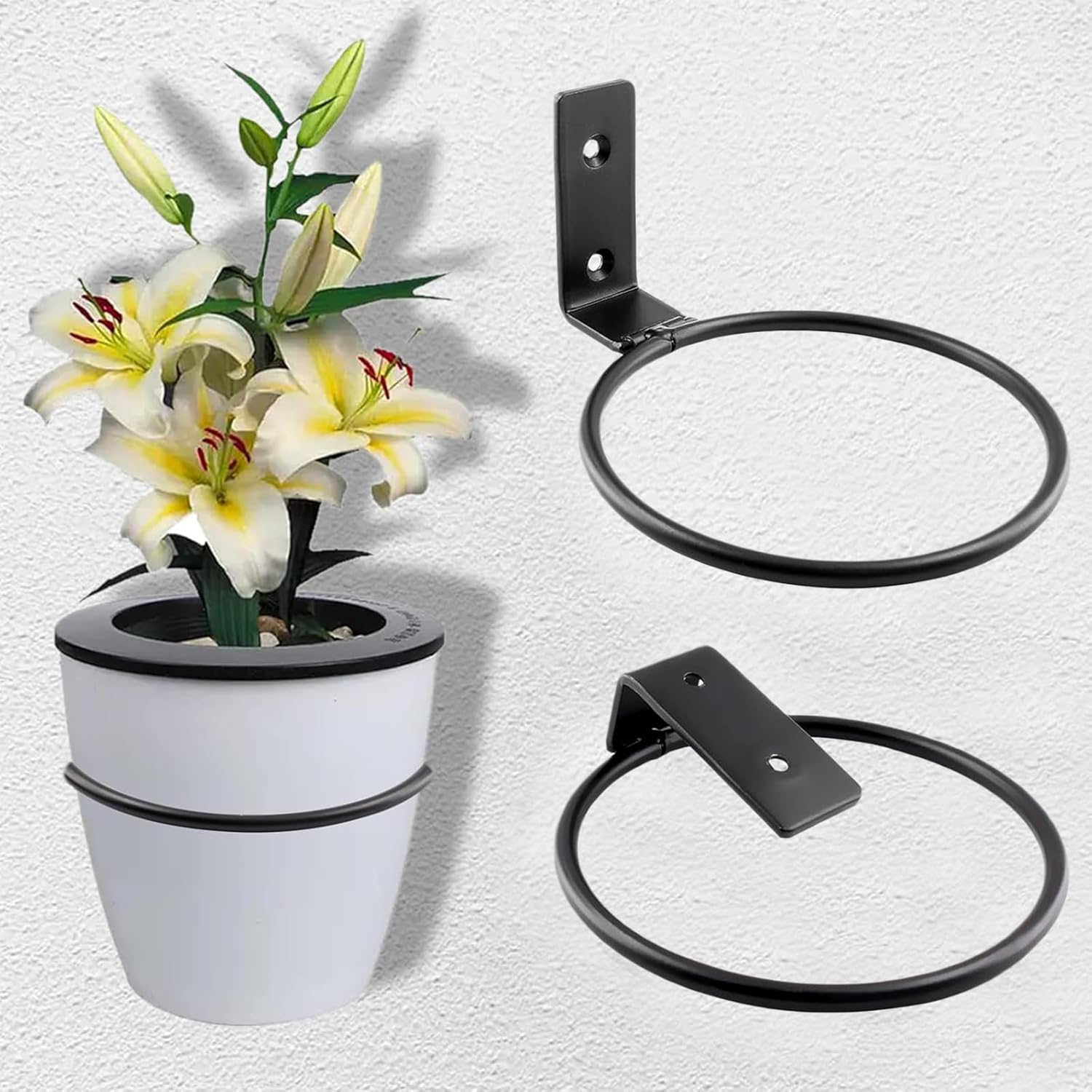 Jiozermi 6 Pack 5 inch Flower Pot Holder Ring, Flower Pot Holder Ring Wall Mounted Set Wall Mounted Metal Planter Hanger Matte Black Hanging Plant Holder