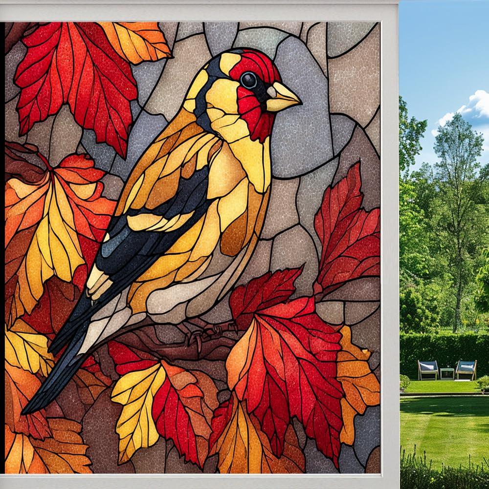 Autumn Bird Stained Glass Window Film, Colorful Maple Leaves Botanical Peel and Stick Privacy Film, Frosted Adhesive Vinyl Decorative for Bathroom Windows Glass Doors, （50x80cm）
