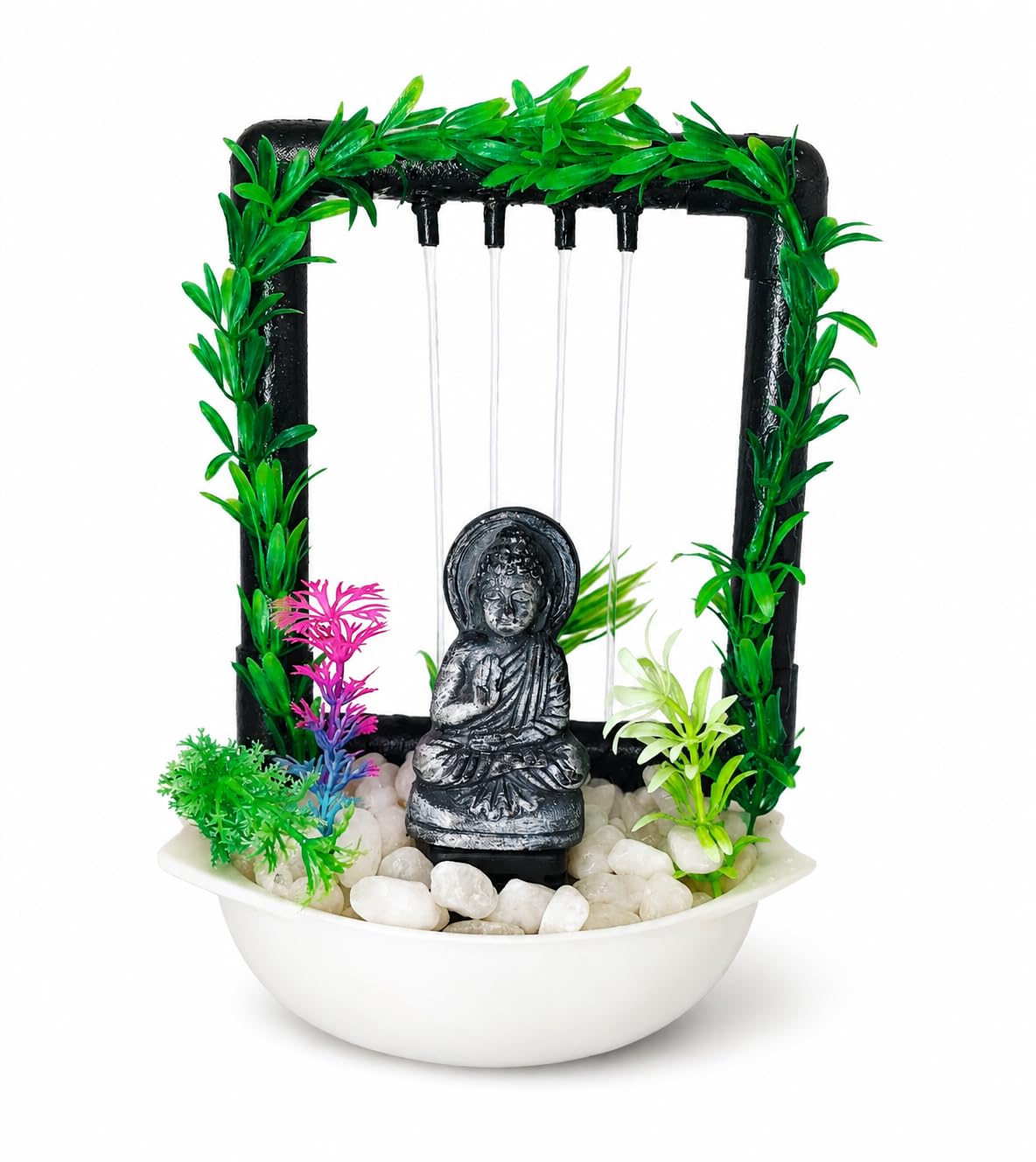 Buddha Waterfall Fountain with Artificial Plants & Pebbles | Indoor Table Fountain, 20cm x 10cm Size, Zen Decor, White Pebble Base, Cascading Water Streams-image-40