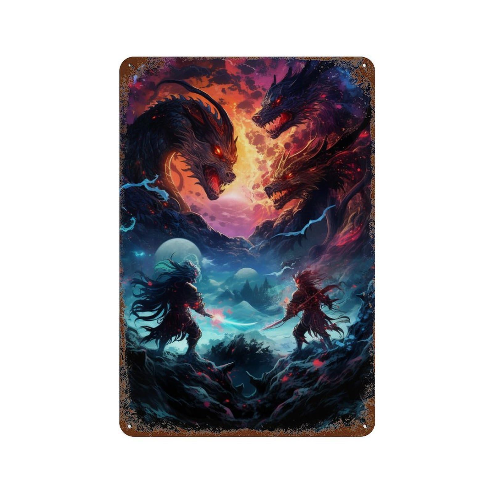 Dragon Battle Fantasy Artwork Distressed Metal Wall Sign 11.8"x7.9", Ideal for Cafe, Home Bar And Lounge Decor