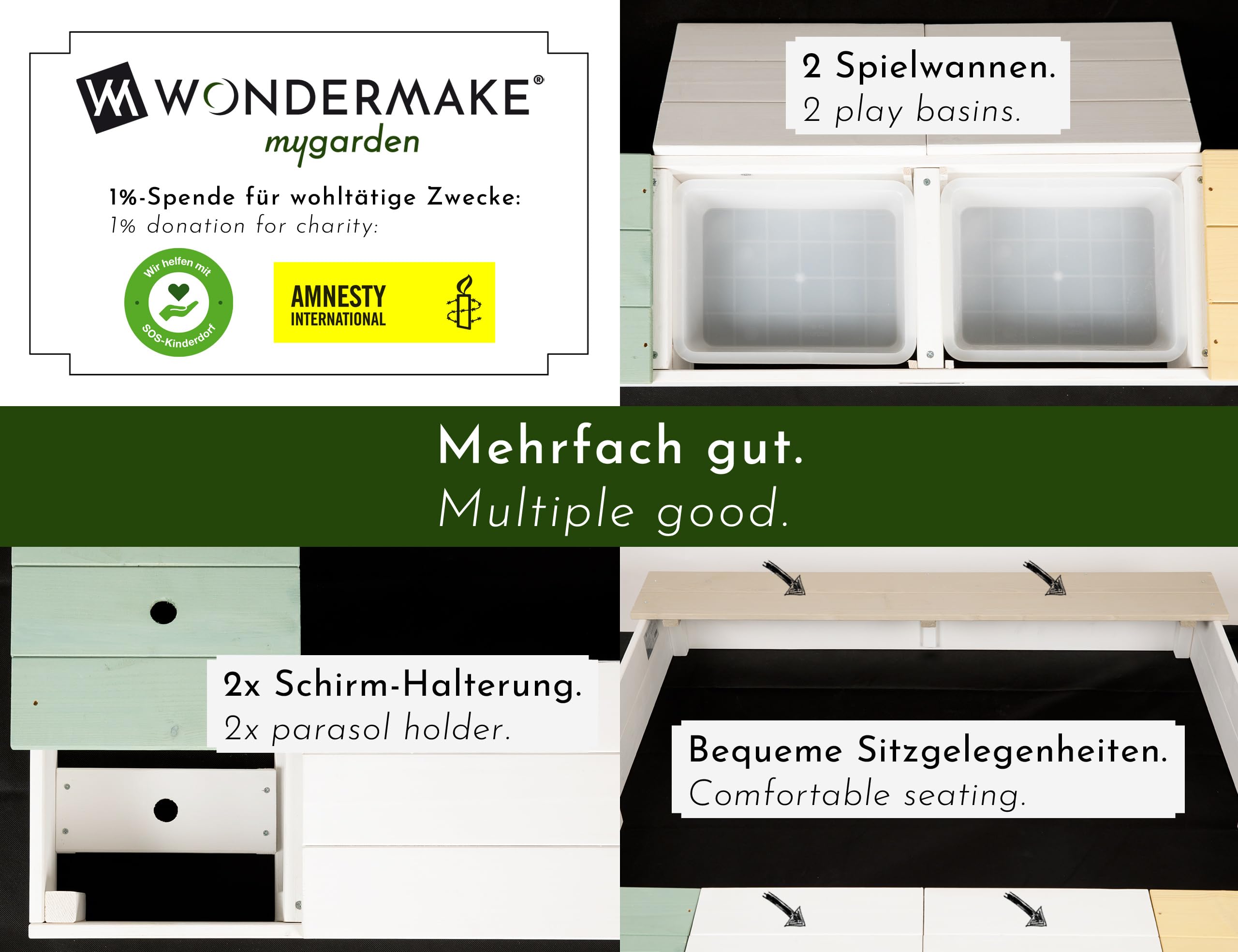 Design Sandkasten mit Matschküche, Abdeckung Oxford 420D, Vliesfolie, Sandkiste Holz quadratisch verschließbar Outdoor Garten für Kinder, weiß bunt