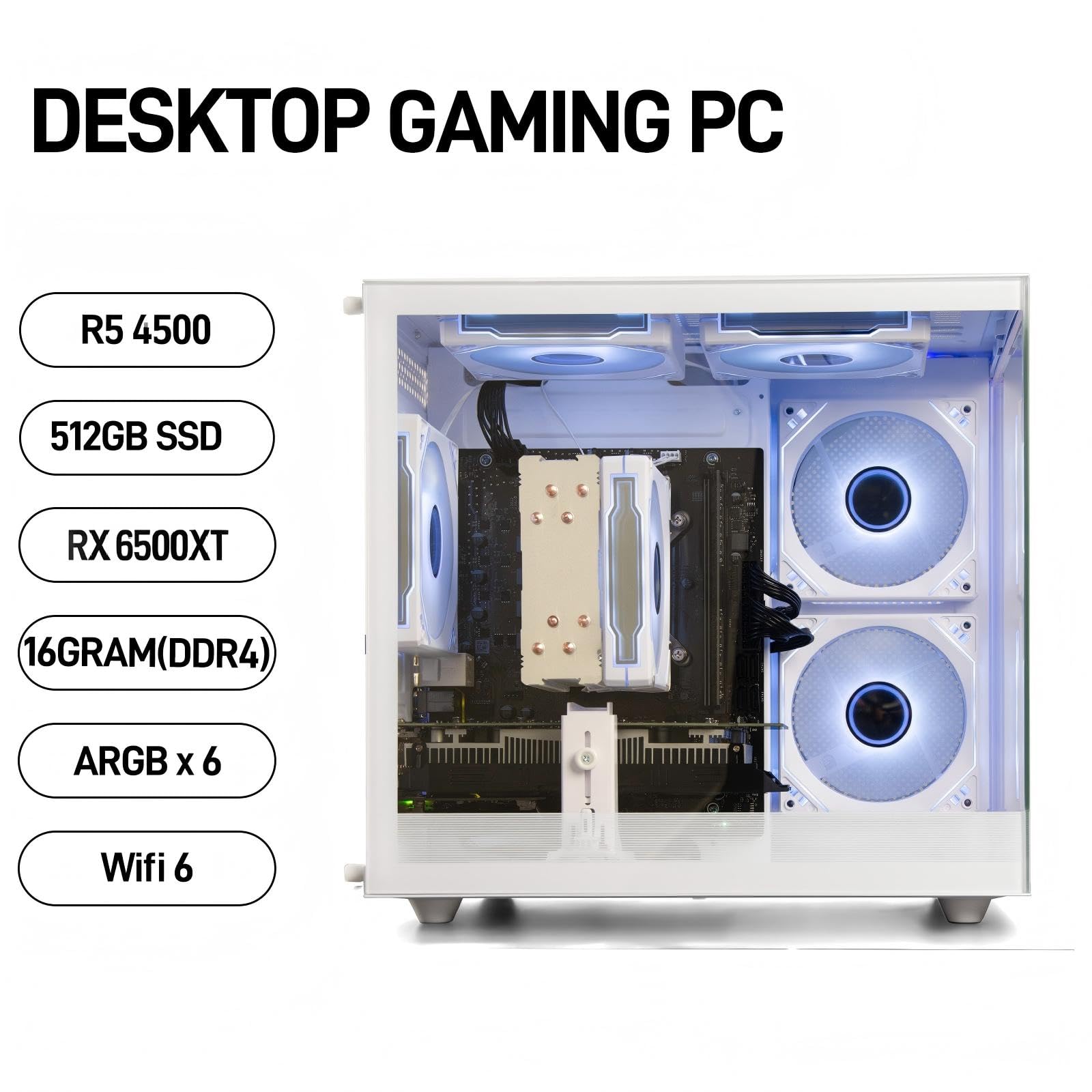 Ryzen 5 4500, Radeon RX 6500XT 4 GB, 16 GB DDR4 RAM, SSD NVME da 512 GB, torre precostruita per giochi casual 1080p, streaming, scuola e ufficio domestico (bianco)