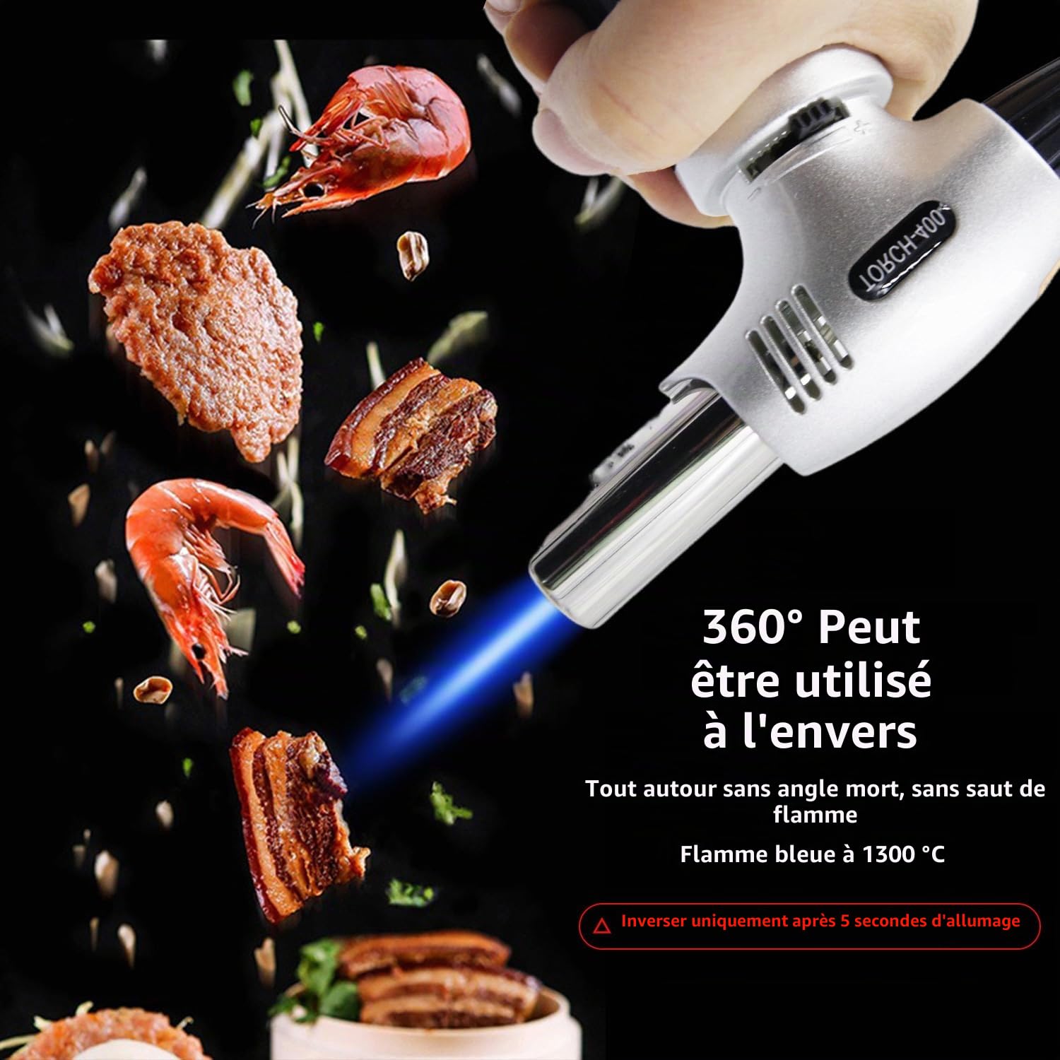 S400 Briquet de cuisine rechargeable compatible avec toutes les boîtes de butane Flamme réglable Idéal pour les barbecues, pâtisseries, desserts et gâteaux à la crème.