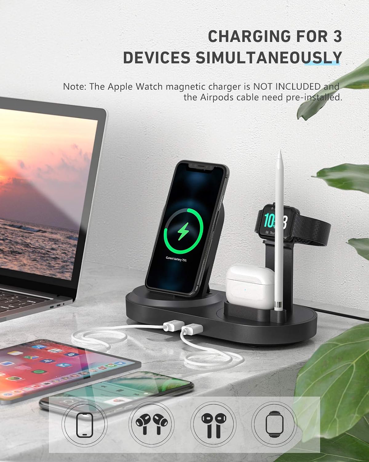 Top Rated Wireless Charging Station -seenda Fast Charging Dock Stand with 2 USB Ports for Apple Watch, AirPods, Cell Phones, Wireless Charger Compatible with iPhone 12/11/11Pro/Xr/Xs/X/Max/8 Plus/Samsung