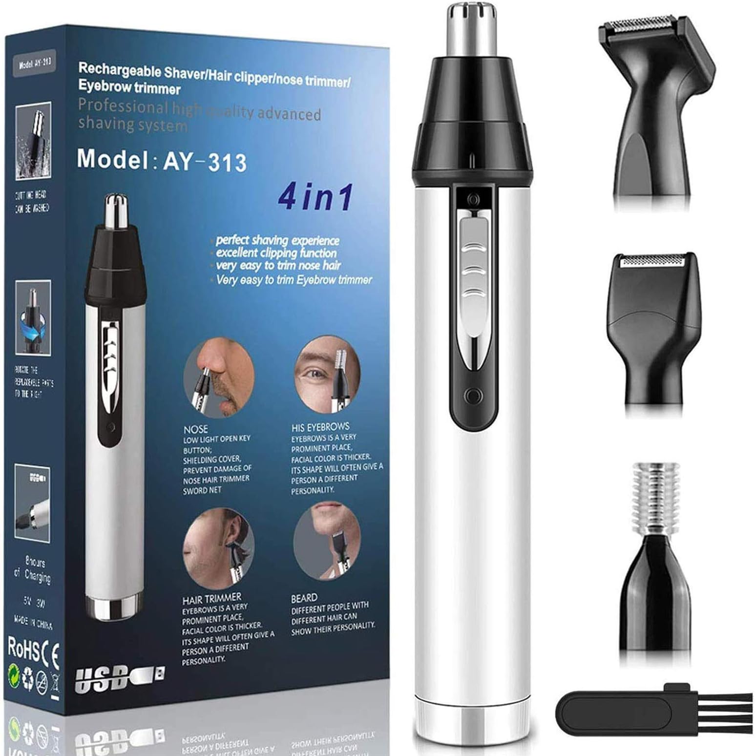 Ear Nose Hair Trimmer for Men,Professional USB Rechargeable Painless Mens Electric Nose Hair Trimmer,4 in 1 Lightweight Waterproof Ear and Nose Hair Trimmer for Women