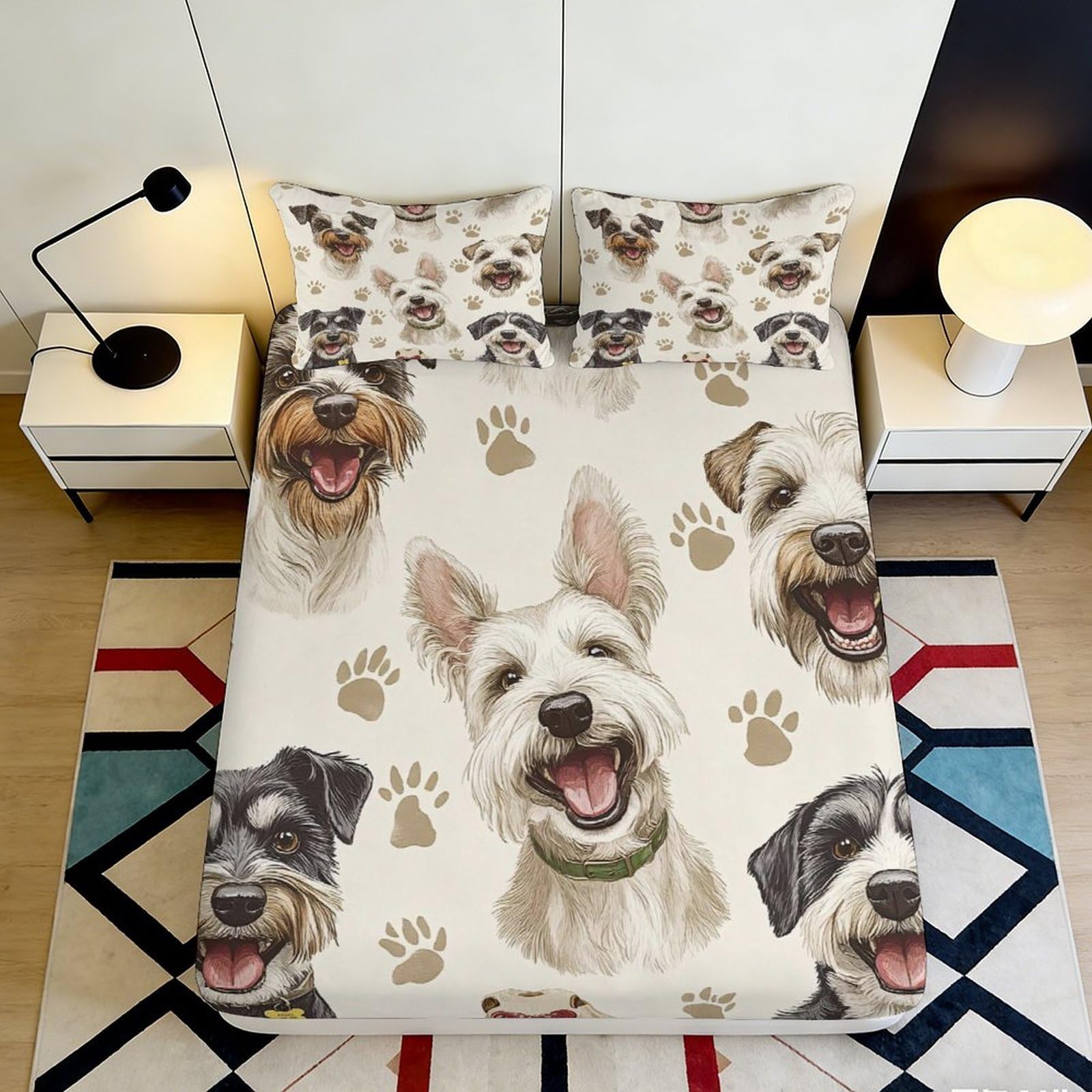 3D Printed Cartoon Dog Pattern Fitted Sheet Microfiber Anti-Slip Bed Cover for Bedroom Guest Room Dorm Mattress Protection Decor 180x200x25cm