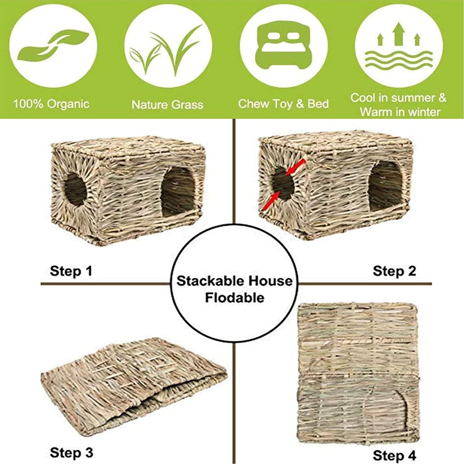 Tfwadmx Paquete de 2 Casas de Hierba de Conejo, Cama Cueva de Heno Tejida a Mano Natural, Juguete Plegable para Conejo, Hámster, Cobaya, Chinchilla, Hurón