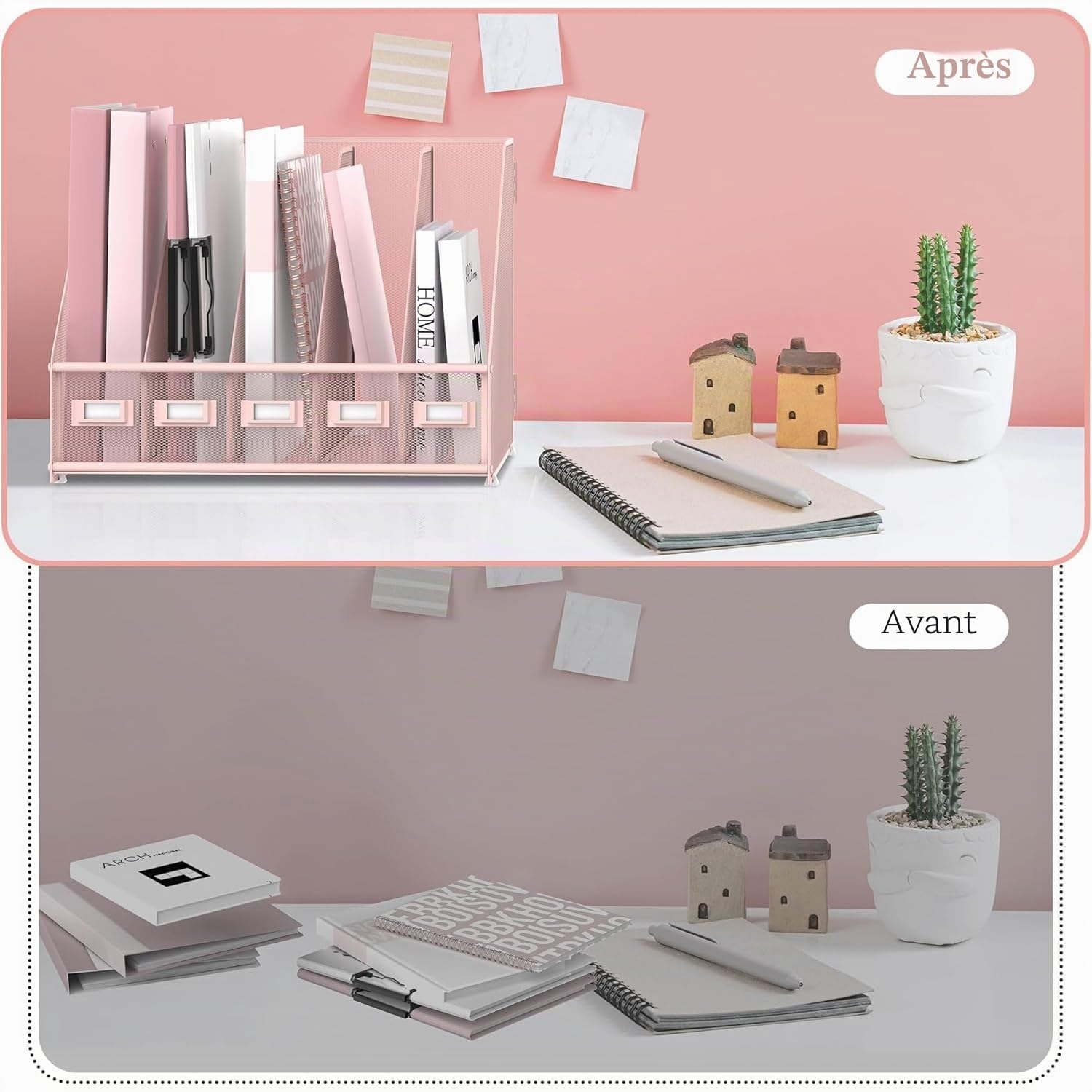 Organiseur de bureau en métal avec 5 compartiments verticaux pour bureau, rose