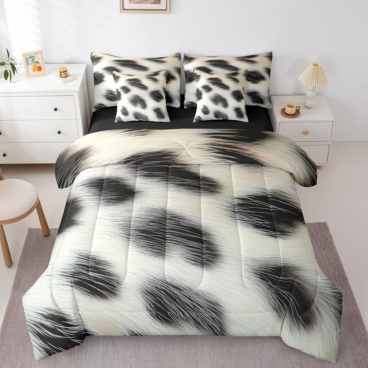 Erosebridal Cowhide Comforter Set Queen Size for Boys Cute Cow Print Bedding Set 7 Piece Western Cowboy Bed in A Bag for Kids Teens Youth Women Room Farmhouse Animal Hair Sheets, Breathable
