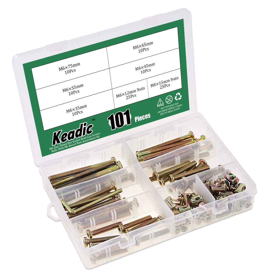 Keadic 100Pcs M6 Hex Socket Head Cap Screws Nuts, Zinc Plated Steel Barrel Bolt Nuts Hardware Replacement Kit for Furniture Cots Beds Crib, 1 Hex Key for Free - 35/45/55/65/75mm