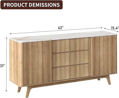 Miniatura 2 de Armario de buffet acanalado de 62 pulgadas de ancho con puertas correderas, armario de almacenamiento moderno con toma de corriente y 3 cajones,