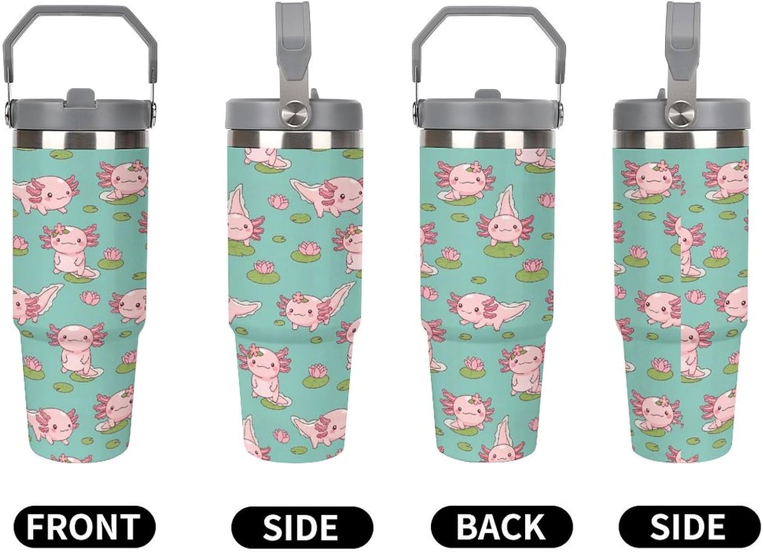 30 Oz Insulated Tumblers with Flip Straw Lid Top Handle Cute Axolotl Lotus Leakproof Reusable Vacuum Stainless Steel Travel Coffee Mug for Car