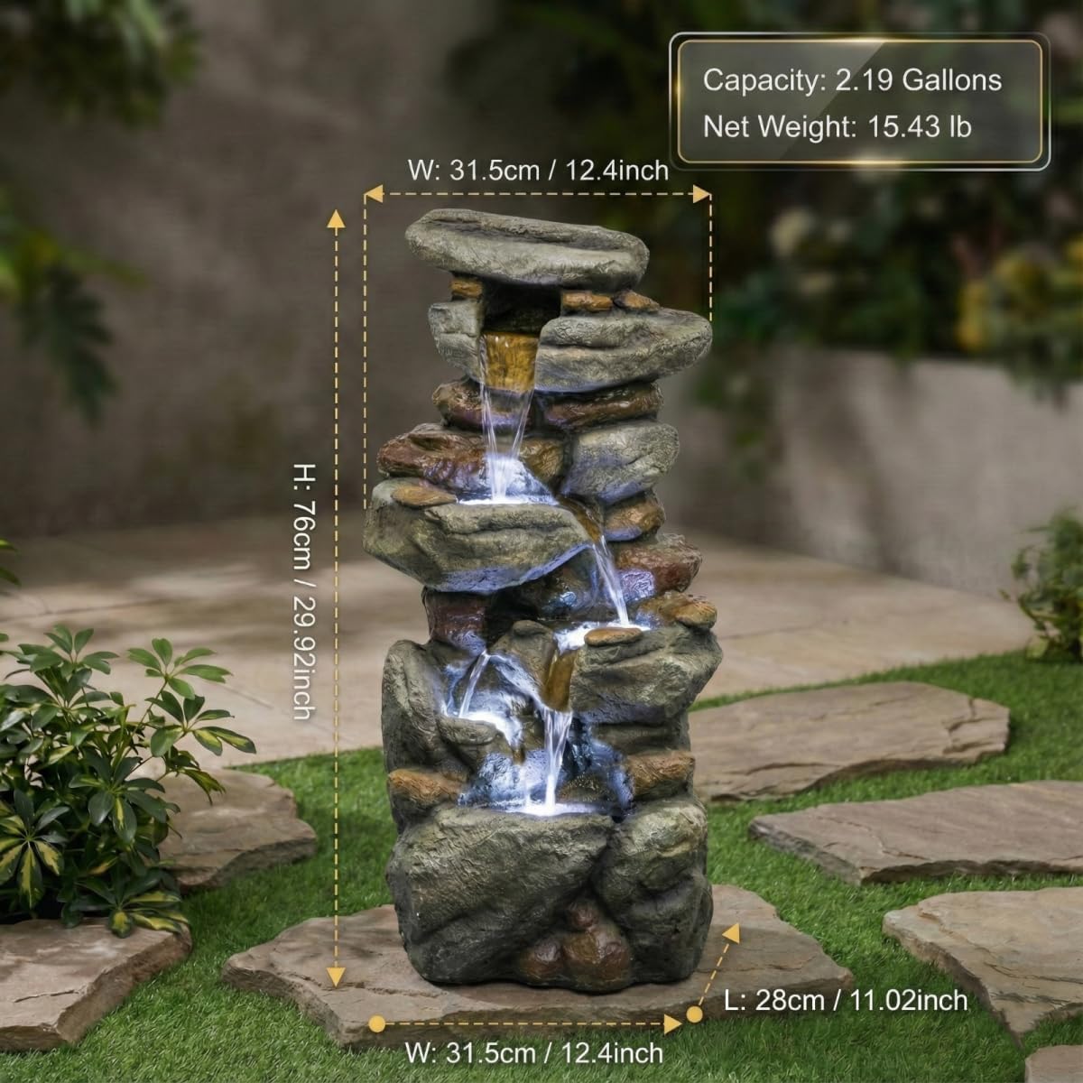 30'' High Rocks Outdoor Water Fountain Multi Tiered Cascading Waterfall with LED Lights Durable Resin Materials Ideal for Patio Yard Garden Backyard Decking Outdoor or Entryway Decor