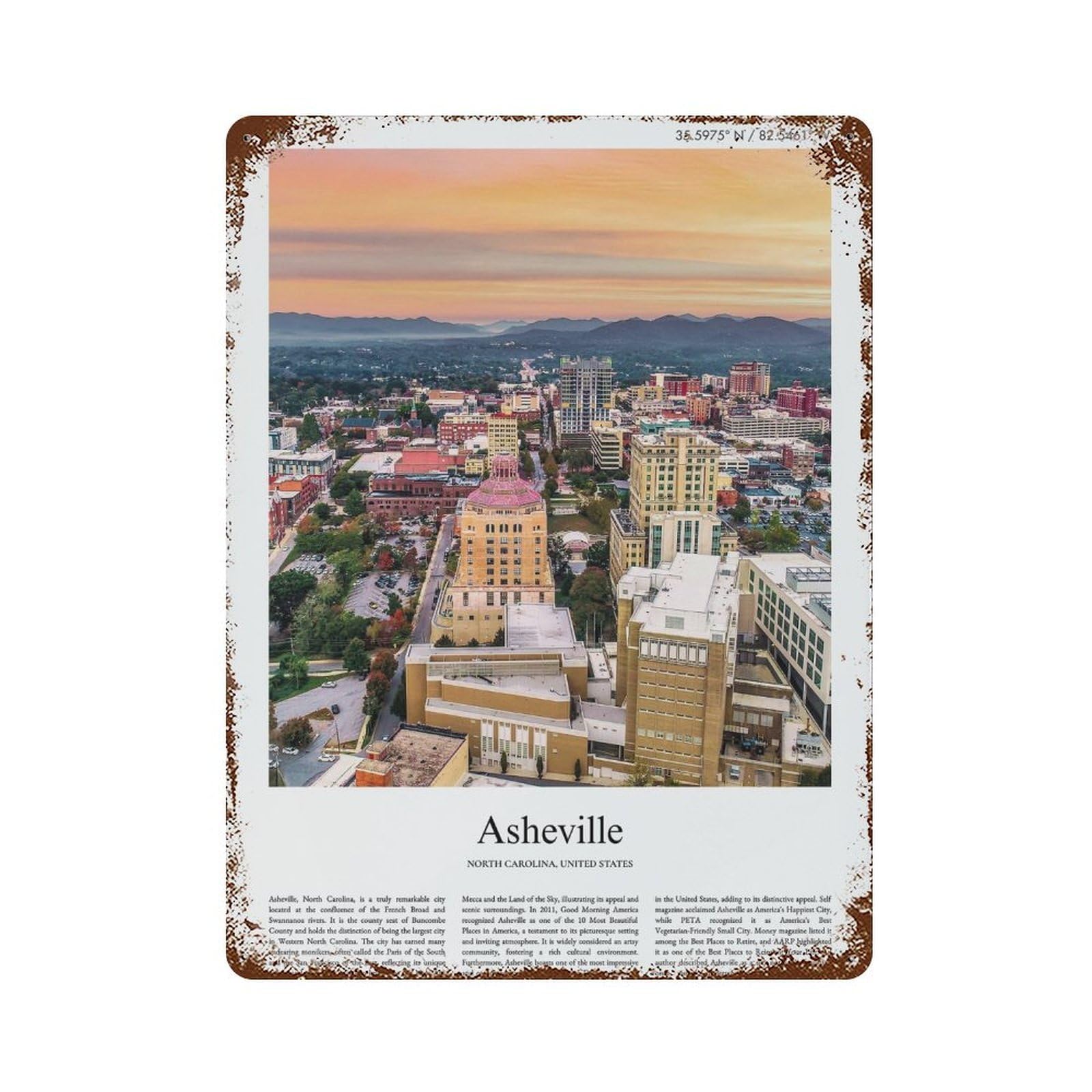 xiaoxiaoshen Asheville North Carolina, United States, USA City Scenery Wall Decor Art Metal Tin Poster Modern Home Decor Art Home Bar Shop Decorations Vintage Sign 40x30cm