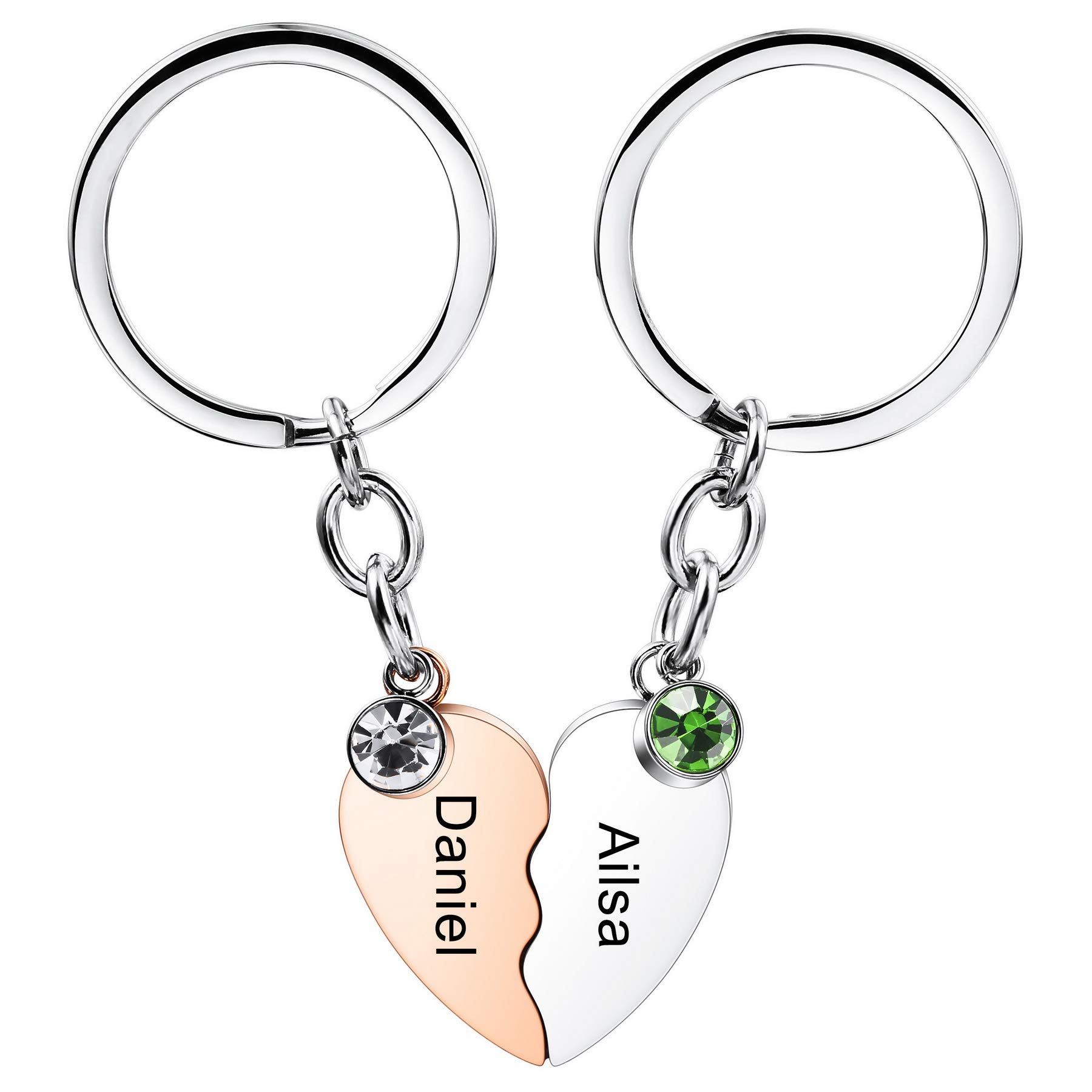 MeMeDIY Personalized Couple Keychain Set for Women Men Boyfriend Girlfriend Custom Birthstone Engraving Name/Date Stainless Steel Matching Heart Puzzle Keyring Love Relationship Gift (Rose-gold)