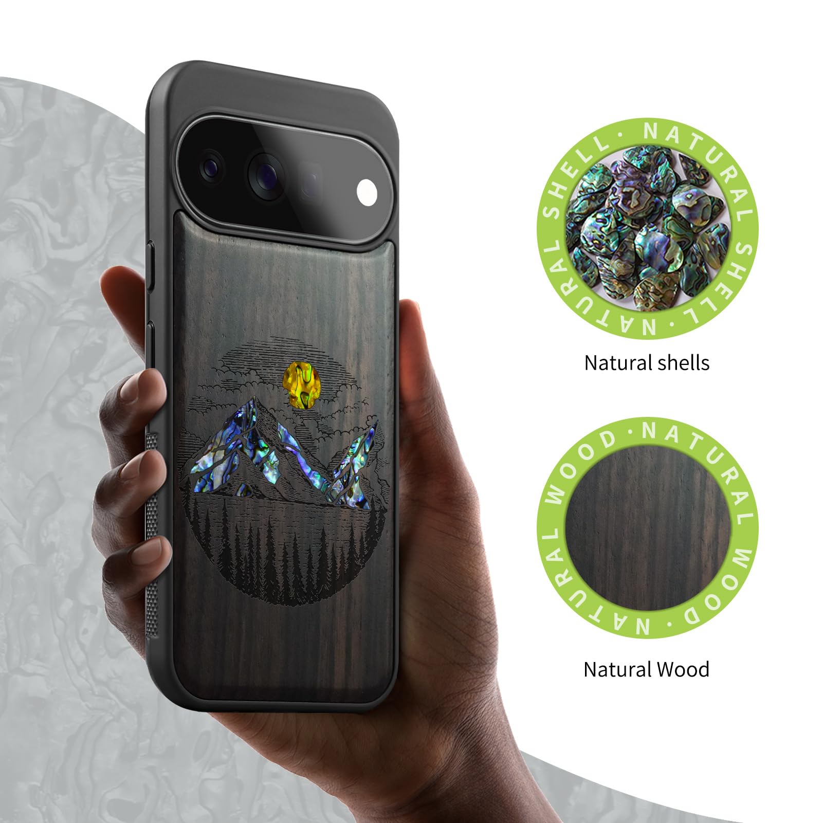 Carveit Madera Funda para Google Pixel 11 (Oscura-Lagos Alpinos) | Compatible con MagSafe [Grabado en madera e incrustación de mejillones] Magnética Cover para Pixel 11 Carcasa