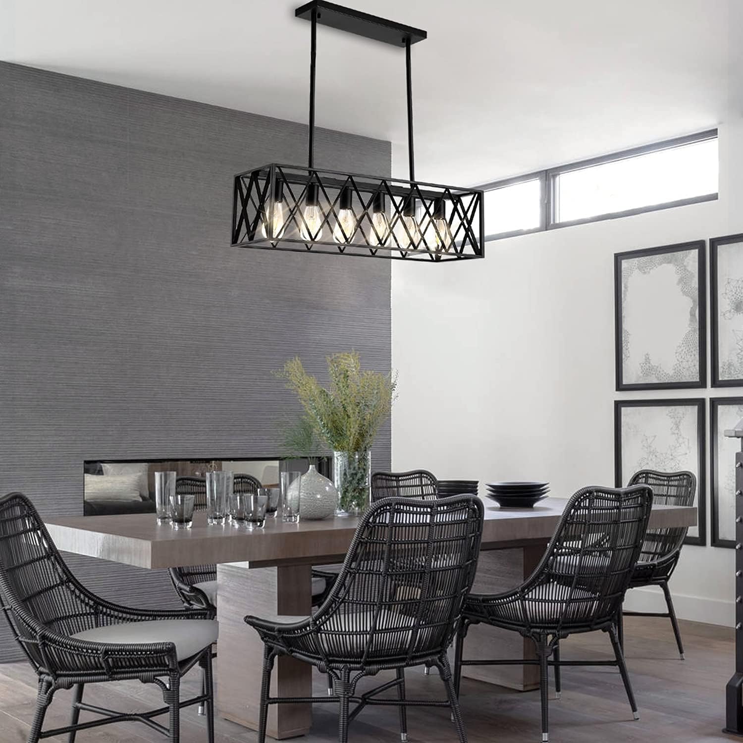 Kitchen Island Pendant Lighting 6-Light Black Metal Industrial Chandelier Fixtures Vintage Hanging Farmhouse Rectangle Linear Chandelier for Dining Room