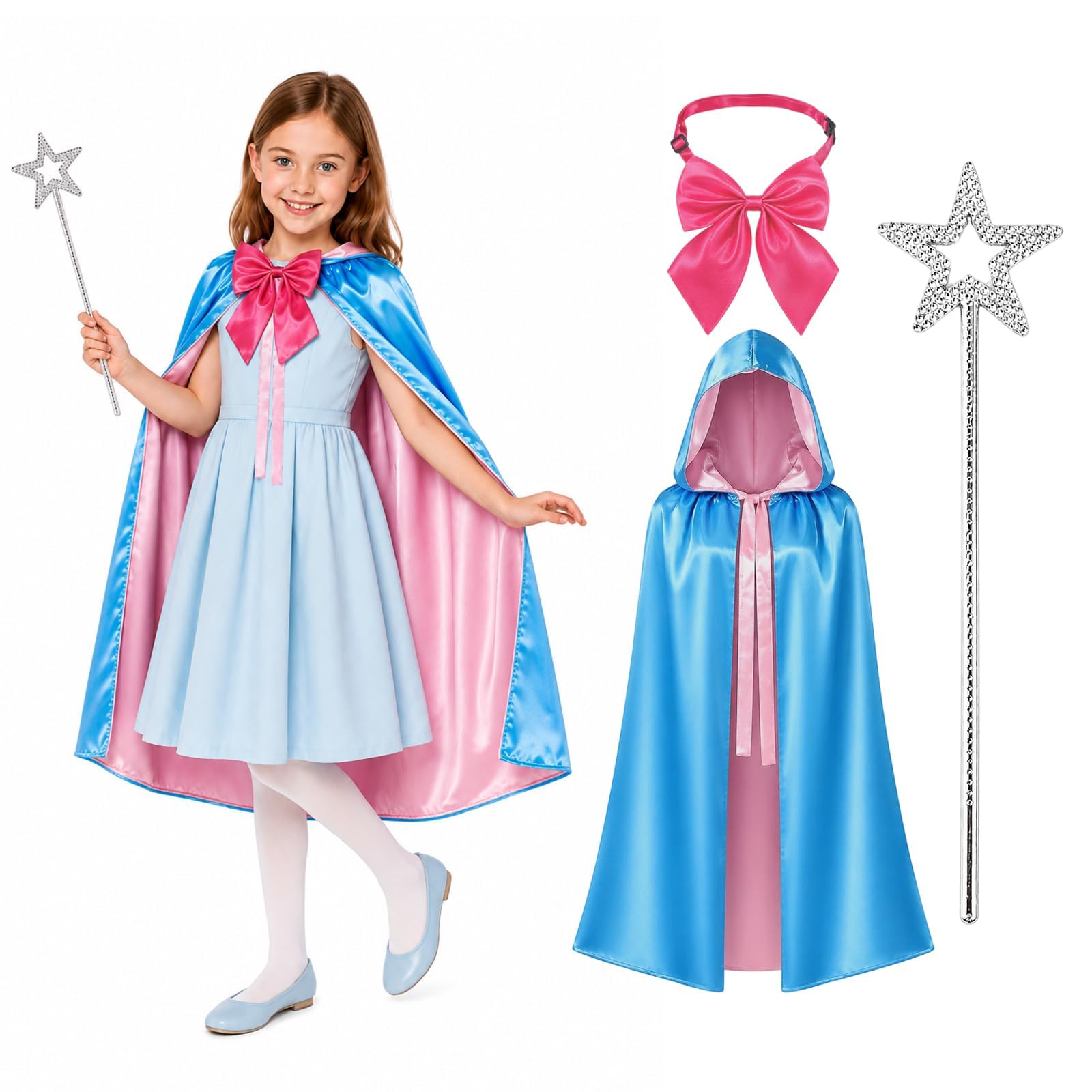 Women Fairy Godmother Costume Blue Fairy Hooded Cape Cloak Halloween Outfit