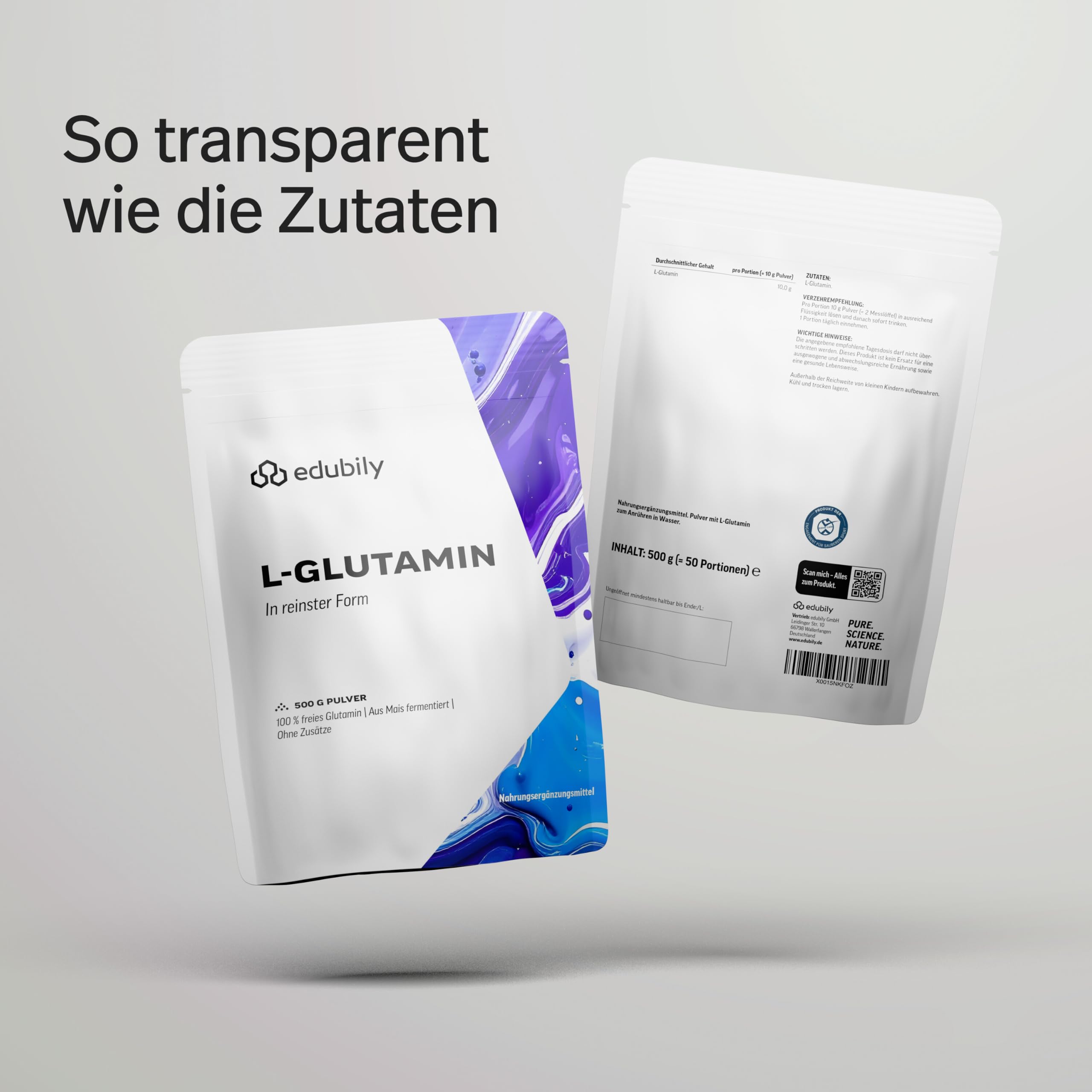 edubily® L-Glutamin Pulver - Vegane Aminosäure aus Fermentation - Ohne Aroma - Pures L-Glutamin ohne Zusätze (500 g Pulver)